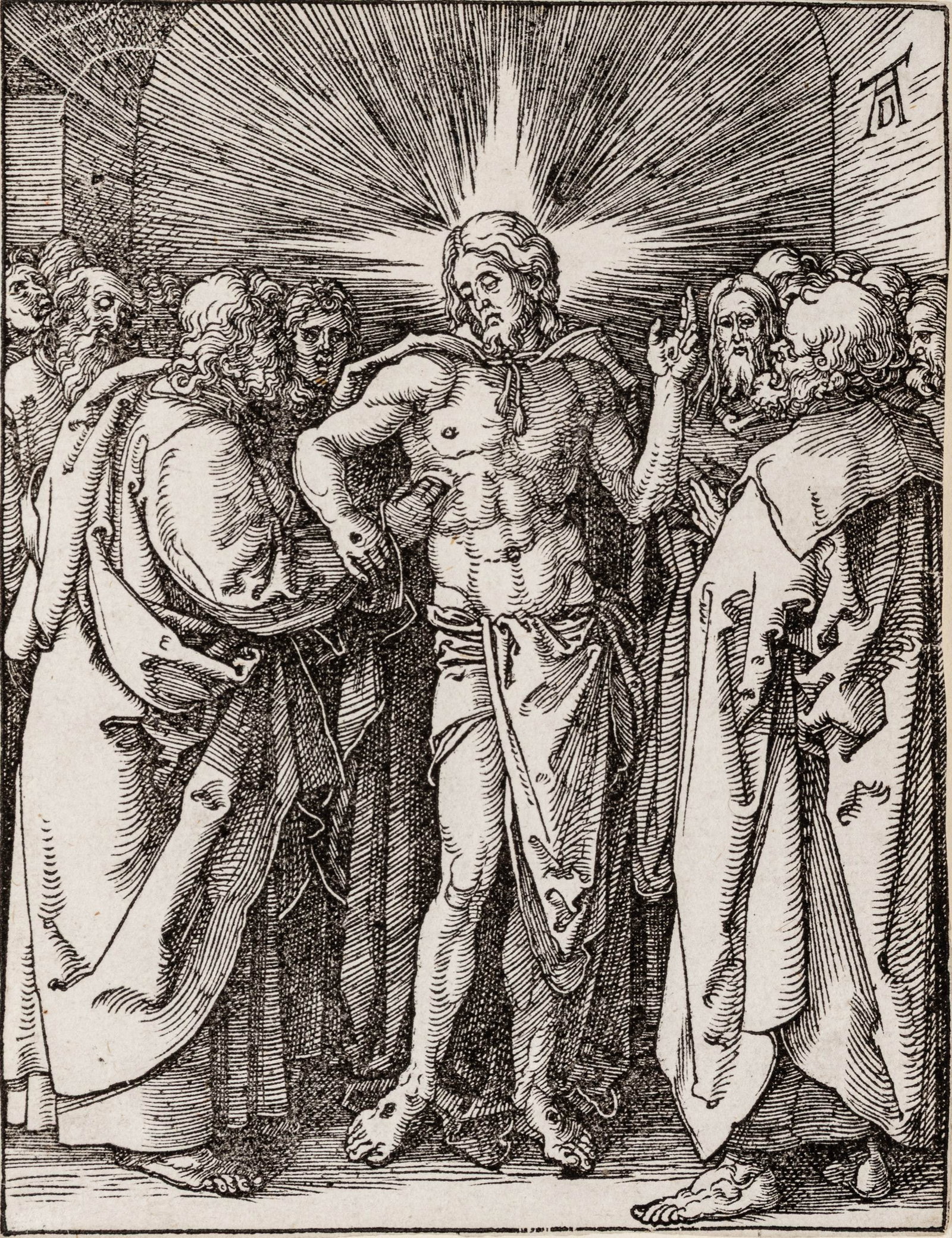 Albrecht Durer (German, 1471-1528) Woodcut on Laid Paper, with Watermark 1509-11, 'The Incredulity: Albrecht Durer (German, 1471-1528) Woodcut on Laid Paper, with Watermark 1509-11, 'The Incredulity of Thomas', H 5.125" W 3.9" A fine, richly inked proof before the Latin Text Edition of 1511, with th