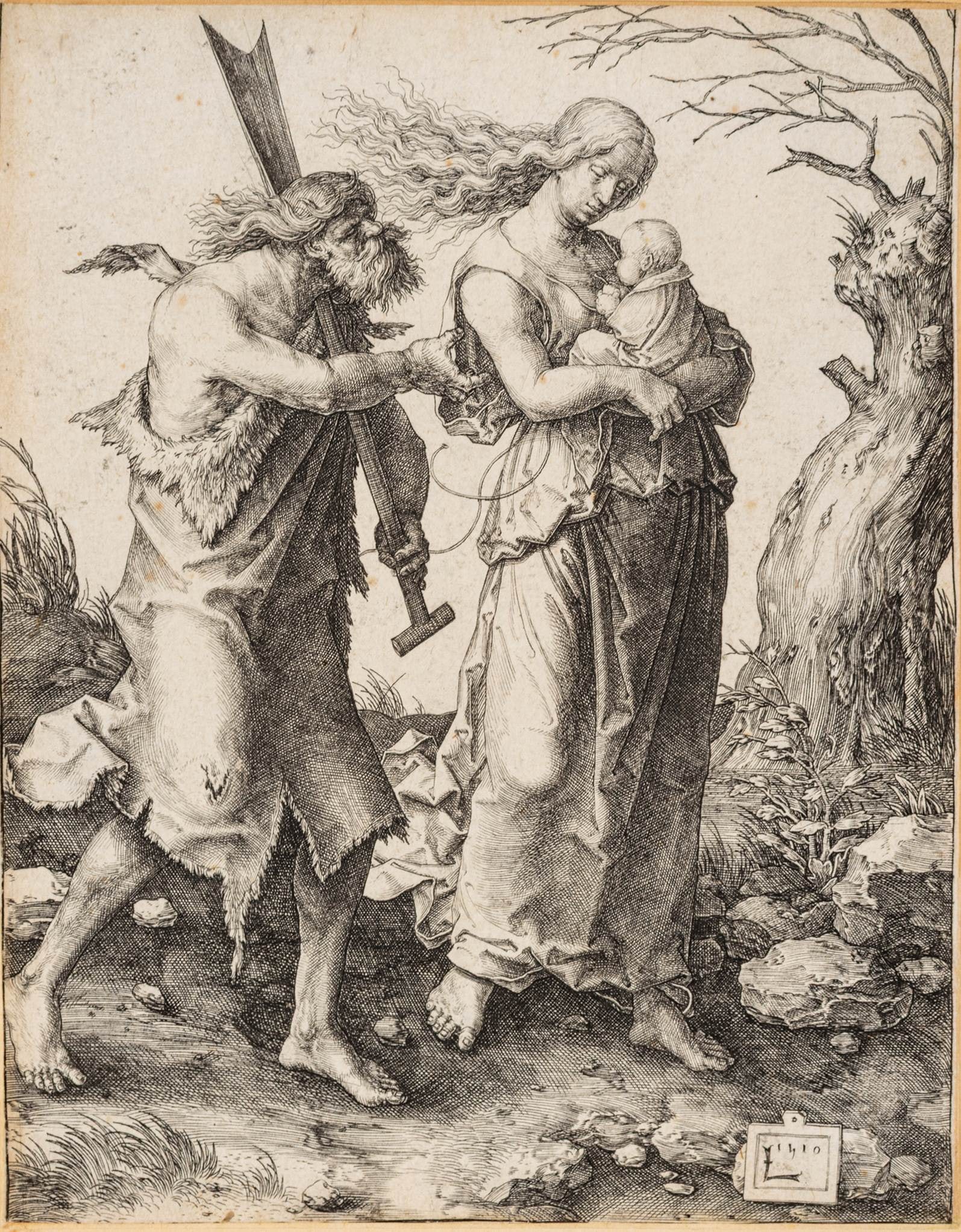 Lucas Van Leyden (Dutch, 1494-1533) Engraving on Laid Paper, with Serpent Watermark 1510, 'Adam and: Lucas Van Leyden (Dutch, 1494-1533) Engraving on Laid Paper, with Serpent Watermark 1510, 'Adam and Eve with Cain (The Expulsion from Paradise)', H 6.125" W 4.75" A fine and strong impression of this 