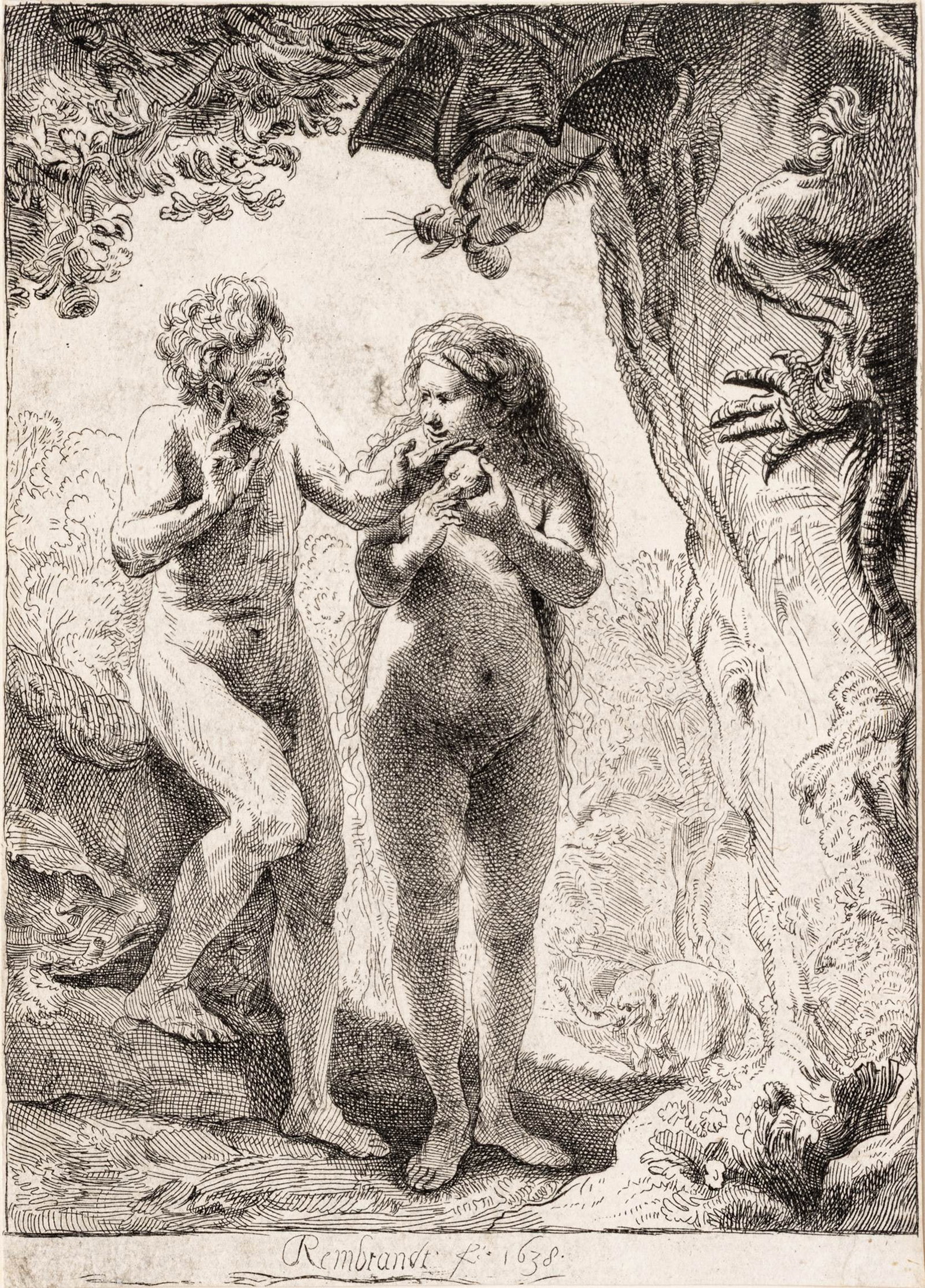After Rembrandt Van Rijn (Dutch, 1606-1669) Heliogravure on Laid Paper 1638, 'Adam and Eve', H 6.5": After Rembrandt Van Rijn (Dutch, 1606-1669) Heliogravure on Laid Paper 1638, 'Adam and Eve', H 6.5" W 4.6" A later printing, 19th century facsimile by Amand-Durand, trimmed to the borderline, hea