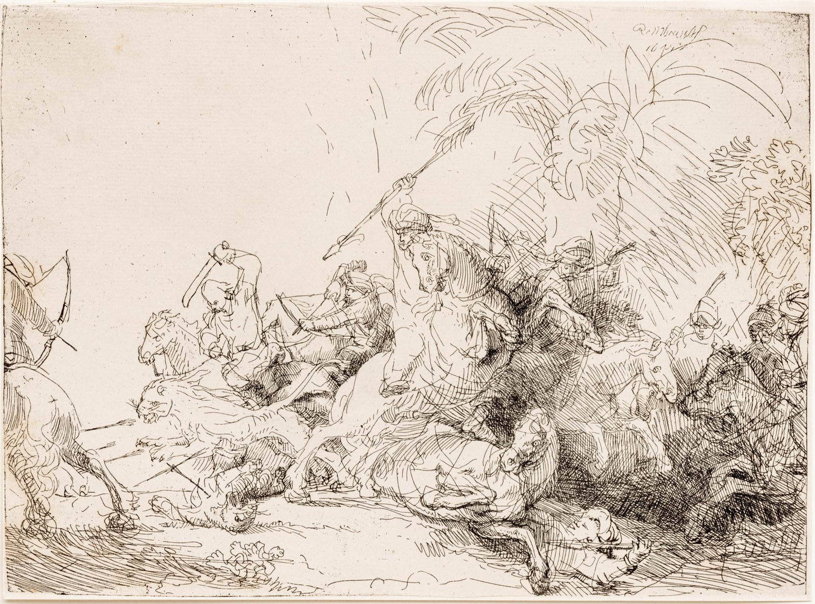 Rembrandt Van Rijn (Dutch, 1606-1669) Pierre-François Basan Rework Etching on Laid Paper, with: Rembrandt Van Rijn (Dutch, 1606-1669) Pierre-François Basan Rework Etching on Laid Paper, with Watermark 1641, 'The Large Lion Hunt', H 8.75" W 11.75" 18th -19th Century Basan rework, bearing a p