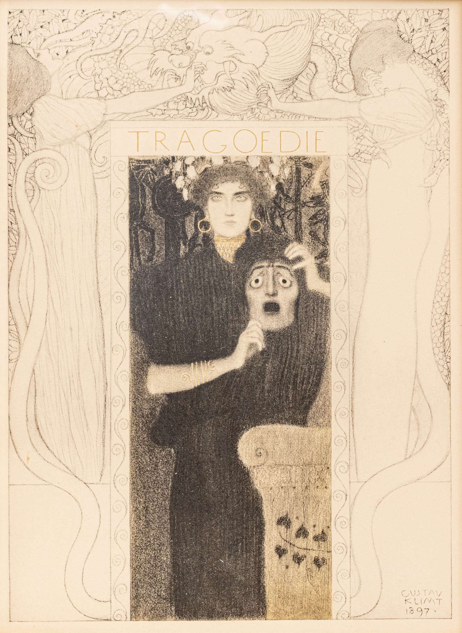 Gustav Klimt (Austrian, 1862-1918) Collotype on Paper 1897-1900, 'Tragödie (Tragedy) Plate No.: Gustav Klimt (Austrian, 1862-1918) Collotype on Paper 1897-1900, 'Tragödie (Tragedy) Plate No. 66, for Allegorien. Neue Folge', H 11.75" W 8.5" Klimt's signature and the date 1897 are integrated 