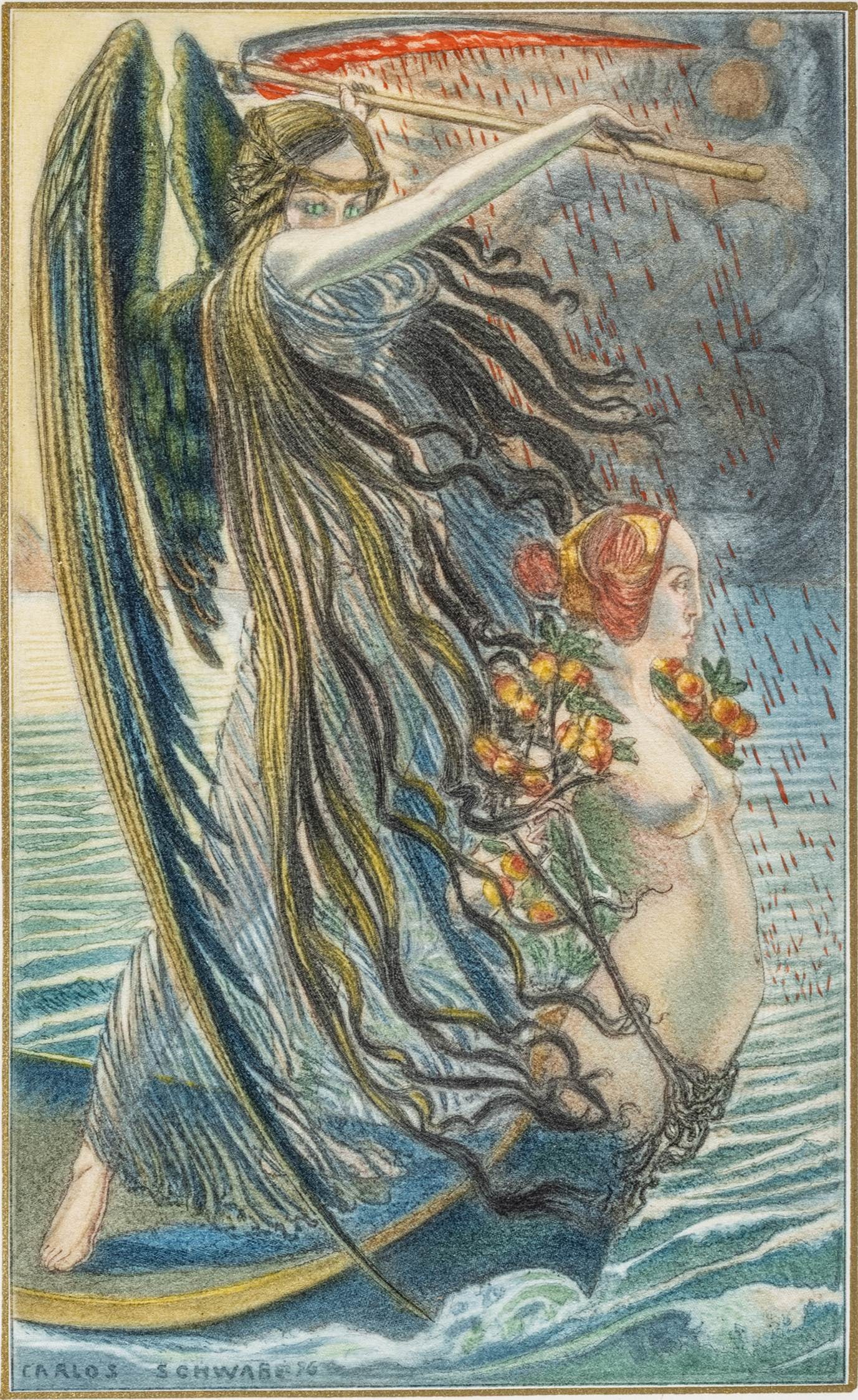 Carlos Schwabe (Swiss, 1866-1926) Gouache, Ink and Watercolour over Pencil Outlines, on Watermarked: Carlos Schwabe (Swiss, 1866-1926) Gouache, Ink and Watercolour over Pencil Outlines, on Watermarked Paper 'La Mort from Les Fleurs Du Mal', H 6.75" W 4" Extremely scarce. Featuring a fine gold thread 