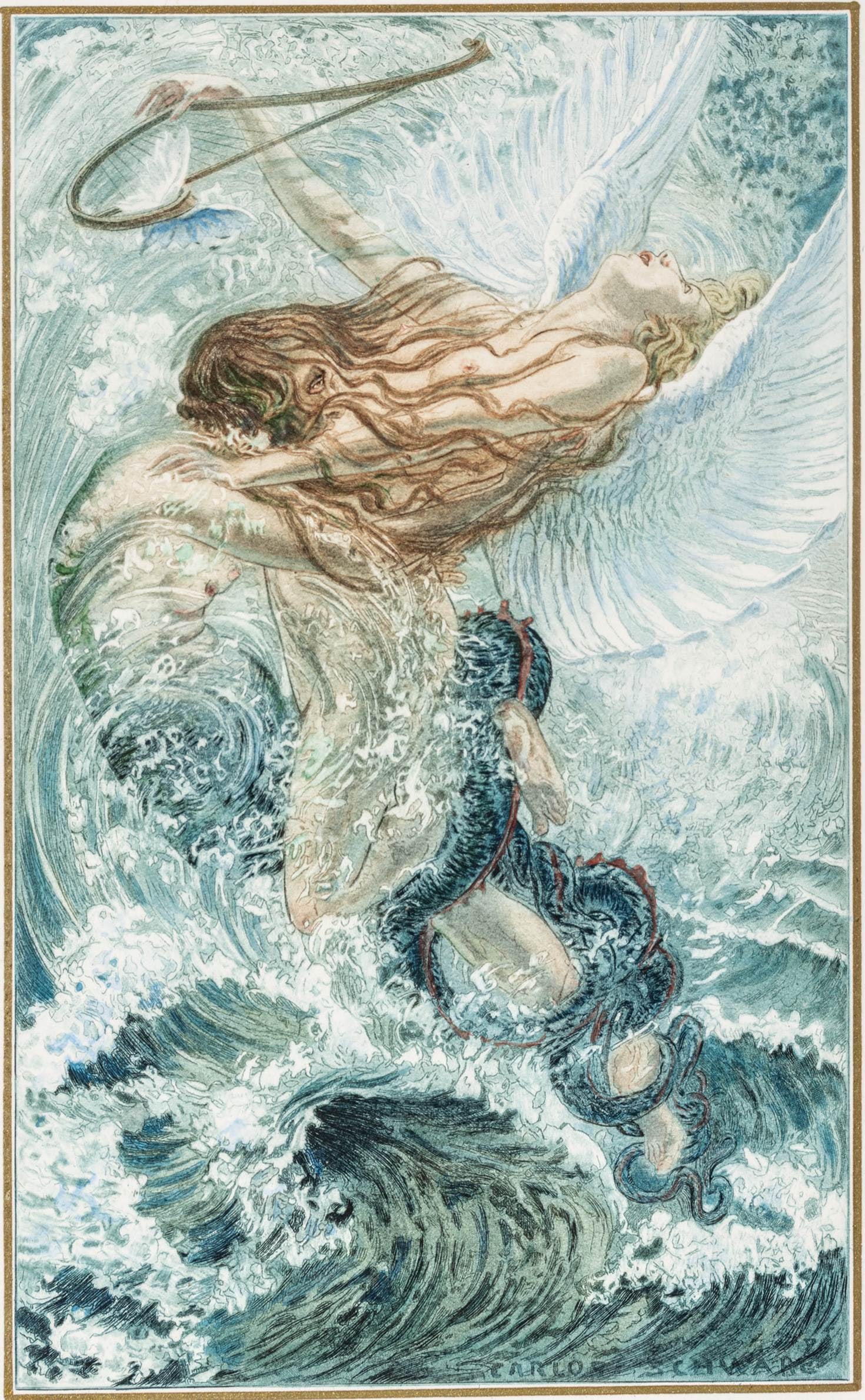 Carlos Schwabe (Swiss, 1866-1926) Gouache, Ink and Watercolour over Pencil Outlines, on Watermarked: Carlos Schwabe (Swiss, 1866-1926) Gouache, Ink and Watercolour over Pencil Outlines, on Watermarked Paper 'Spleen Et Ideal from Les Fleurs Du Mal', H 6.75" W 4" Extremely scarce. Featuring a fine gold