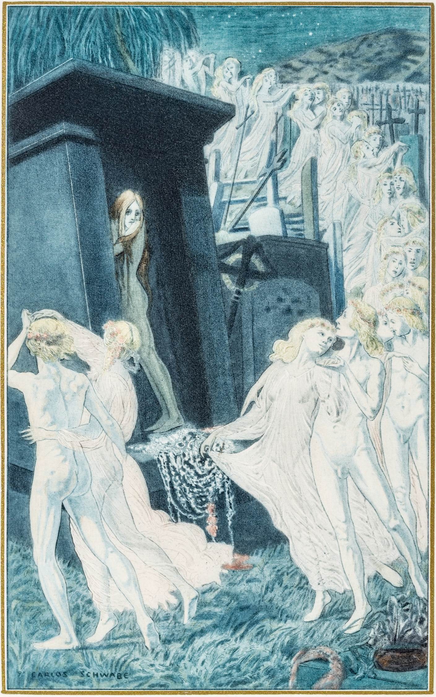 Carlos Schwabe (Swiss, 1866-1926) Gouache, Ink and Watercolour over Pencil Outlines, on Watermarked: Carlos Schwabe (Swiss, 1866-1926) Gouache, Ink and Watercolour over Pencil Outlines, on Watermarked Paper 'Remords Posthume from Les Fleurs Du Mal', H 6.75" W 4" Extremely scarce. Featuring a fine gol