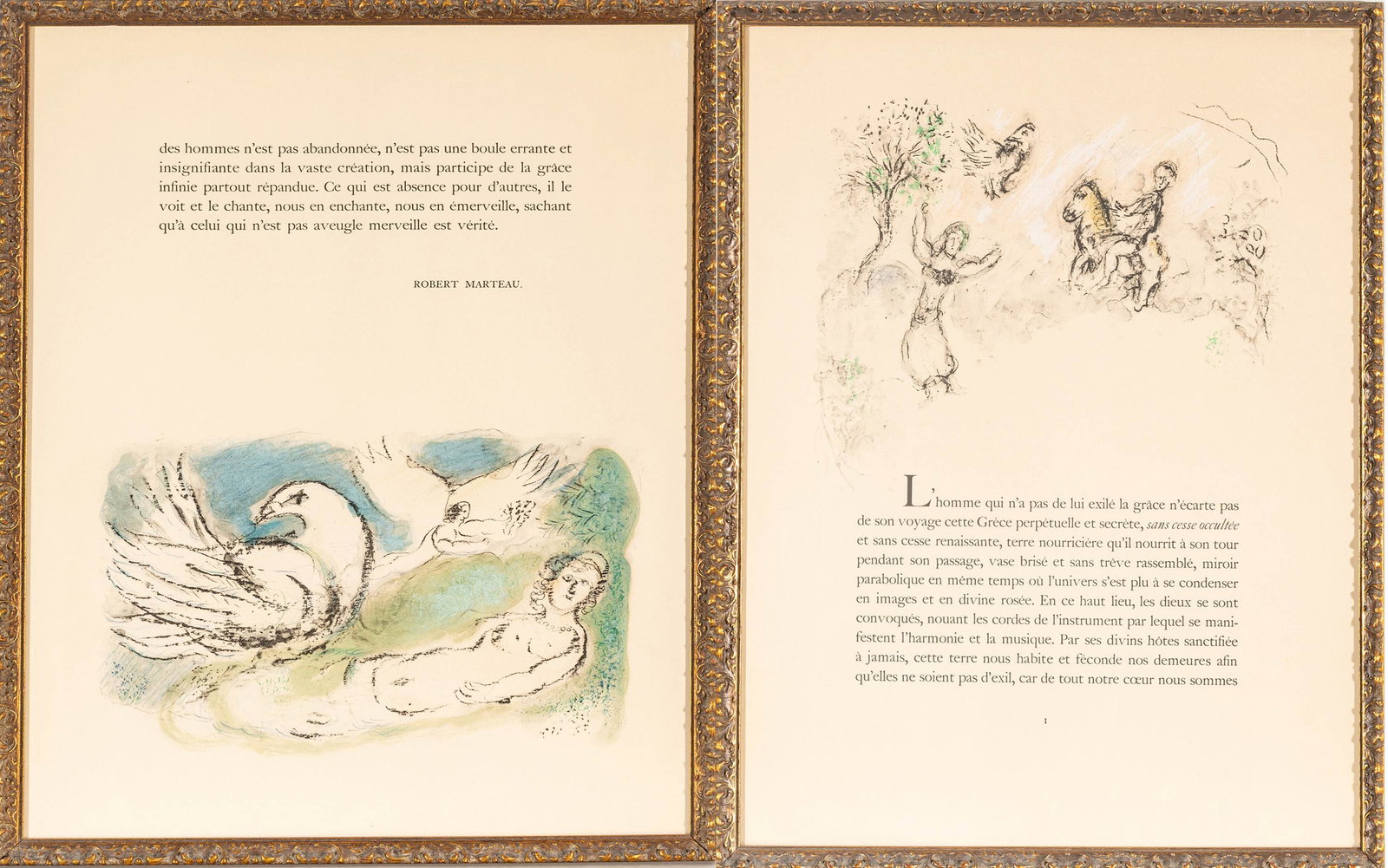 Marc Chagall (French/Russian, 1887-1985) Text by Robert Marteau Lithograph in Colors on Wove Paper: Marc Chagall (French/Russian, 1887-1985) Text by Robert Marteau Lithograph in Colors on Wove Paper 1967, 'Sur La Terre Des Dieux (In the Land of the Gods)', H 25.4" W 19.5" 2 PCS Published by A.C. Maz