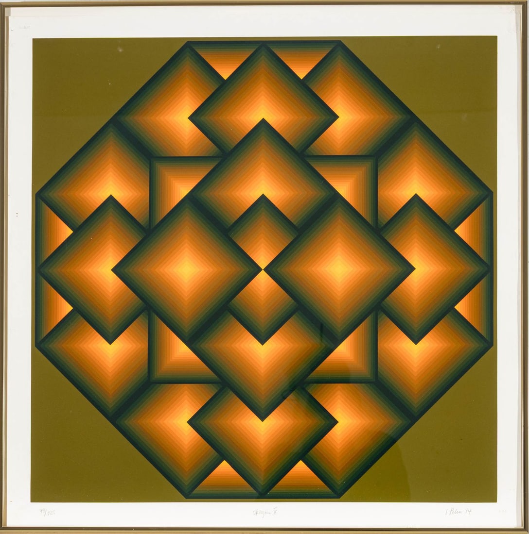 Jurgen Peters (German, B. 1936) Serigraph on Paper, 1974, 'Oktogon V', H 25.5" W 25.5": Jurgen Peters (German, B. 1936) Serigraph on Paper, 1974, 'Oktogon V', H 25.5" W 25.5" Pencil signed and dated lower right, titled lower center, with an edition of 49/125 lower left. Framed under glas