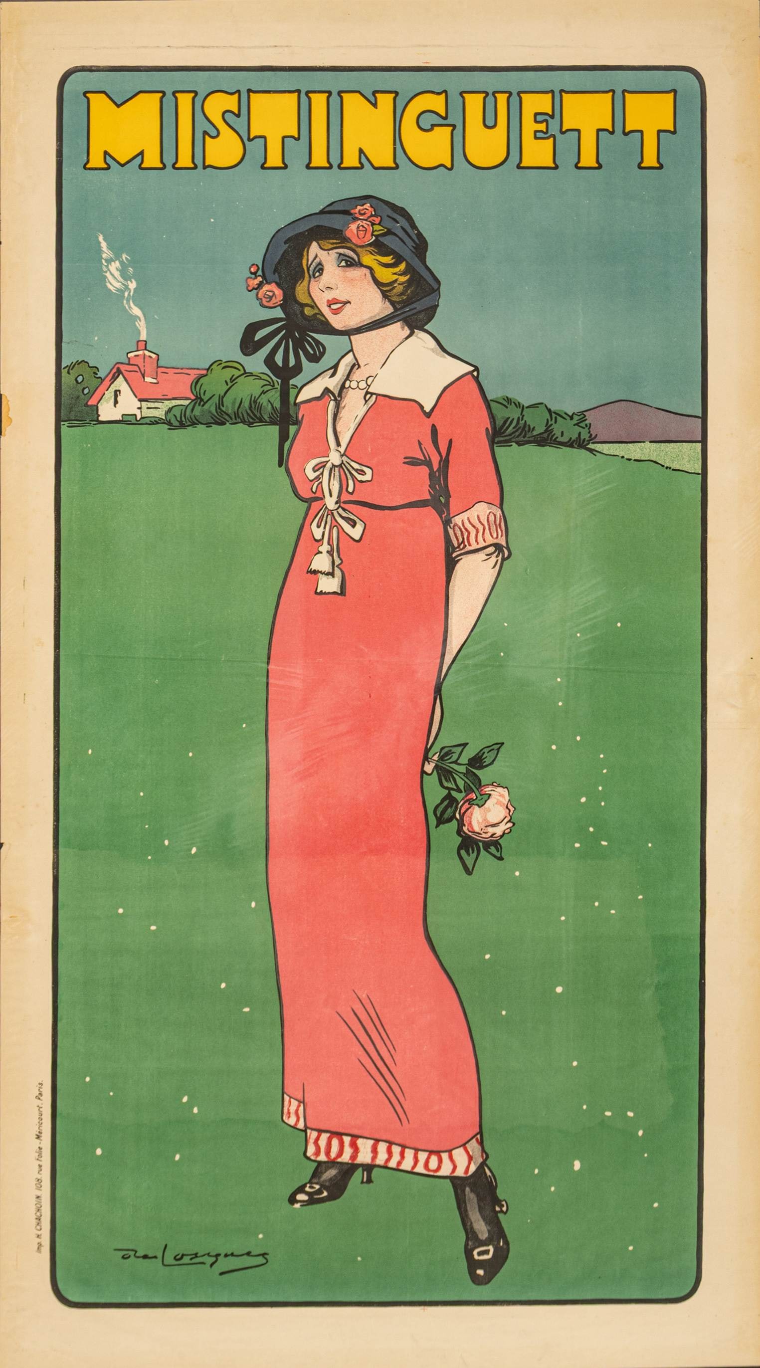 Daniel De Losques (French, 1880-1915) Lithograph Poster in Colors, Ca. 1911, 'Mistinguett', H 71" W: Daniel De Losques (French, 1880-1915) Lithograph Poster in Colors, Ca. 1911, 'Mistinguett', H 71" W 37.75" Printed by Henri Chachoin, 108 Rue de la Folie-Méricourt, Paris (lower left 