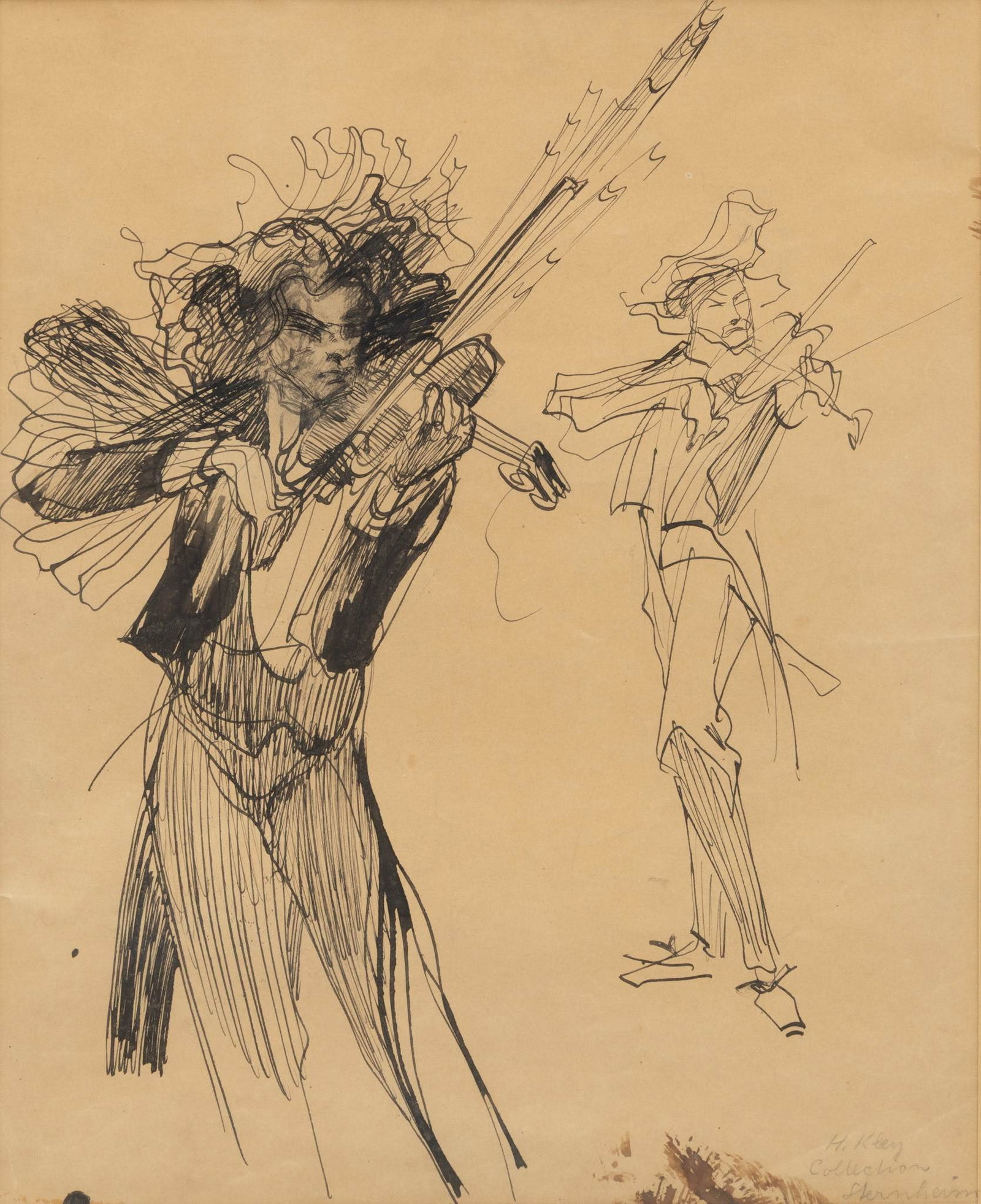 Heinrich Kley (German, 1863-1945) Ink Drawings on Paper (Two-Sided) 'Man Playing Violin; Fisherman', (1 of 7)