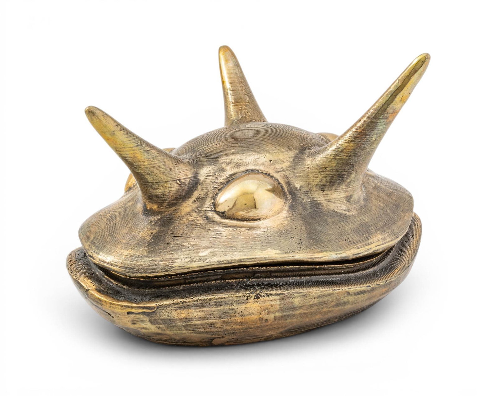 Alex Hagentorn (Romanian, B. 1990) Bronze 2017, 'Horned Anura, from Origins', H 5" W 6" L 8": Alex Hagentorn (Romanian, B. 1990) Bronze 2017, 'Horned Anura, from Origins', H 5" W 6" L 8" Incised on the underside with the artists signature, date and numbered 1/1. Bronze lidded vessel in an orga