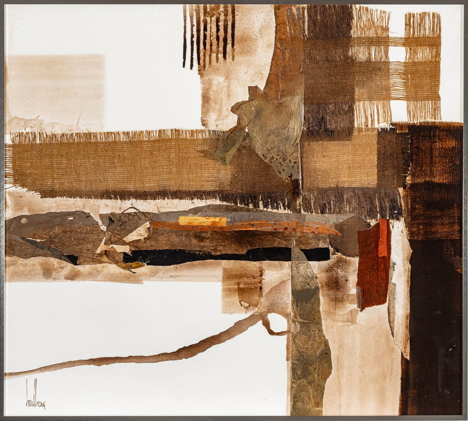 Greg Hawthorne (American) Mixed Media on Board, H 35.5" W 39.5": Greg Hawthorne (American) Mixed Media on Board, H 35.5" W 39.5" Signed lower left. Mixed media of oil, tissue paper and burlap on board. Having a metal frame. Provenance: Property from a Promine