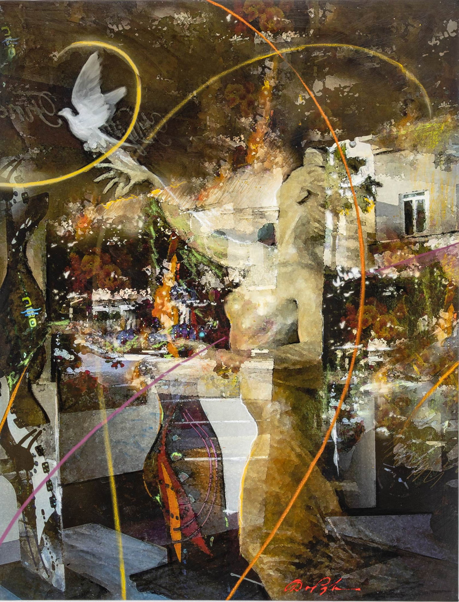 Dominic Pangborn (Korean-American, B. 1952) Acrylic on Canvas 'Nude Sculpture with Dove (Untitled)',: Dominic Pangborn (Korean-American, B. 1952) Acrylic on Canvas 'Nude Sculpture with Dove (Untitled)', H 54" W 42" Signed lower right. Provenance: Property from a Prominent Art & Design Collector, Las V