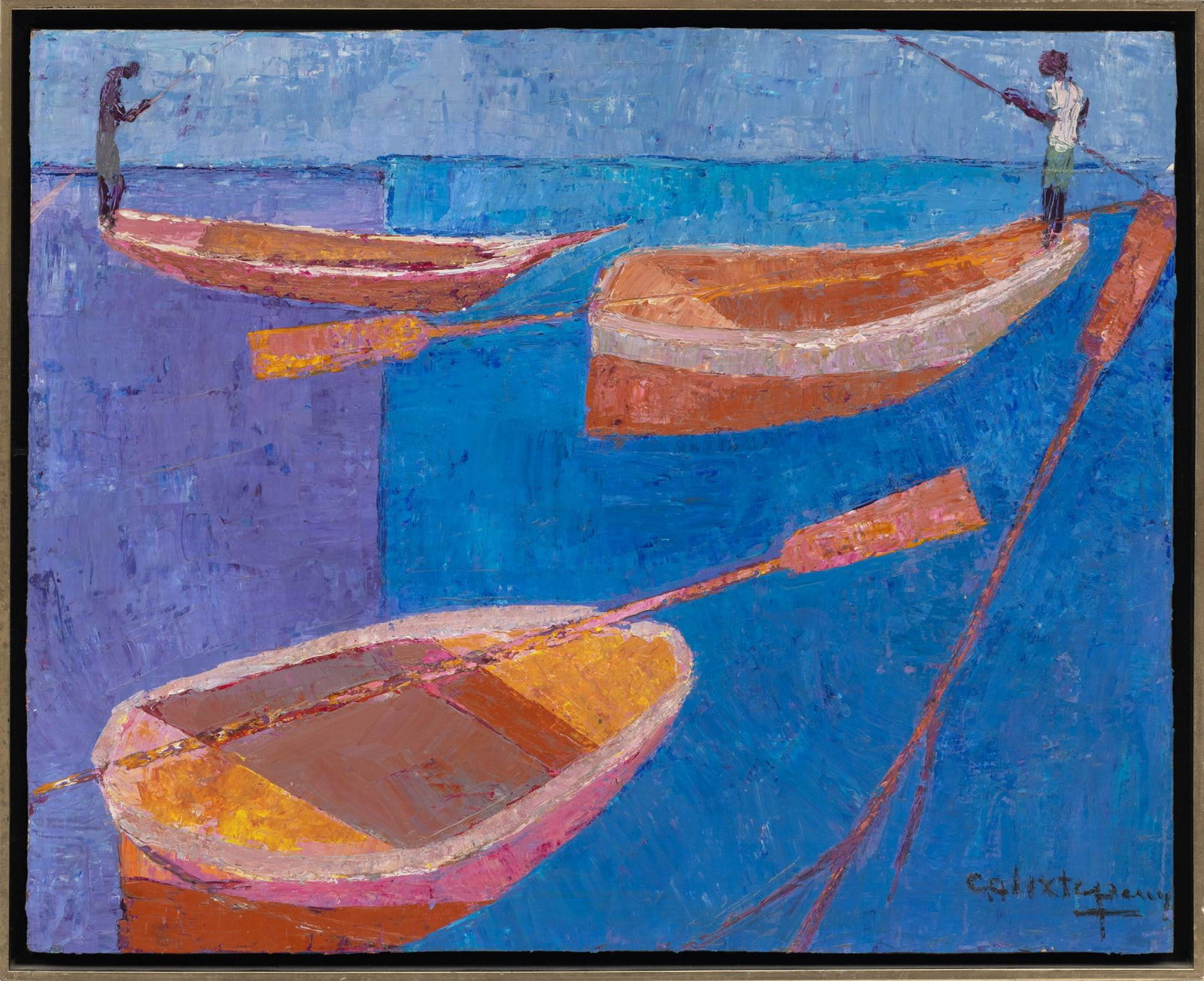 Calixte Henry (Haitian, 1933-2010) Oil on Board, 'Bois Fouillé on the Waters', H 16" W 20": Calixte Henry (Haitian, 1933-2010) Oil on Board, 'Bois Fouillé on the Waters', H 16" W 20" Signed lower right. Depicting two figures on traditional Haitian dug out canoes. Having a wooden frame.&