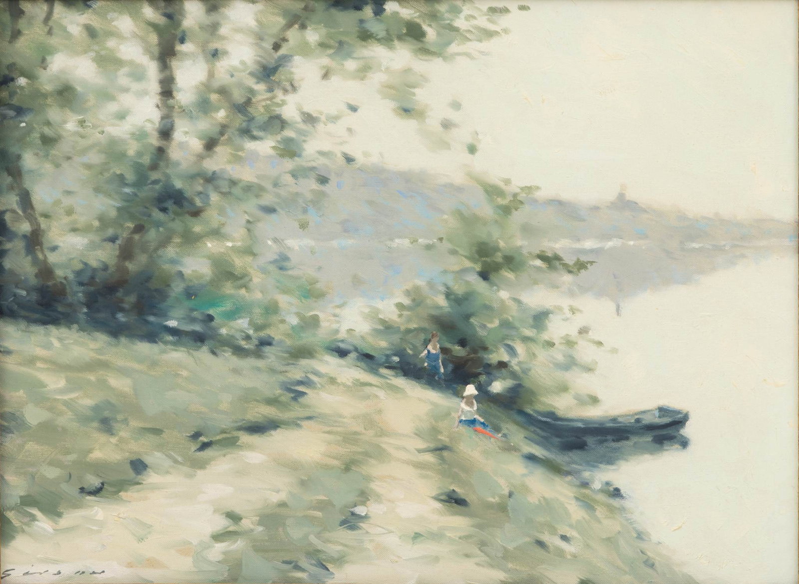 André Gisson (American, 1921-2003) Oil on Canvas, Two Figures on the Bank of the Seine River, H (1 of 5)