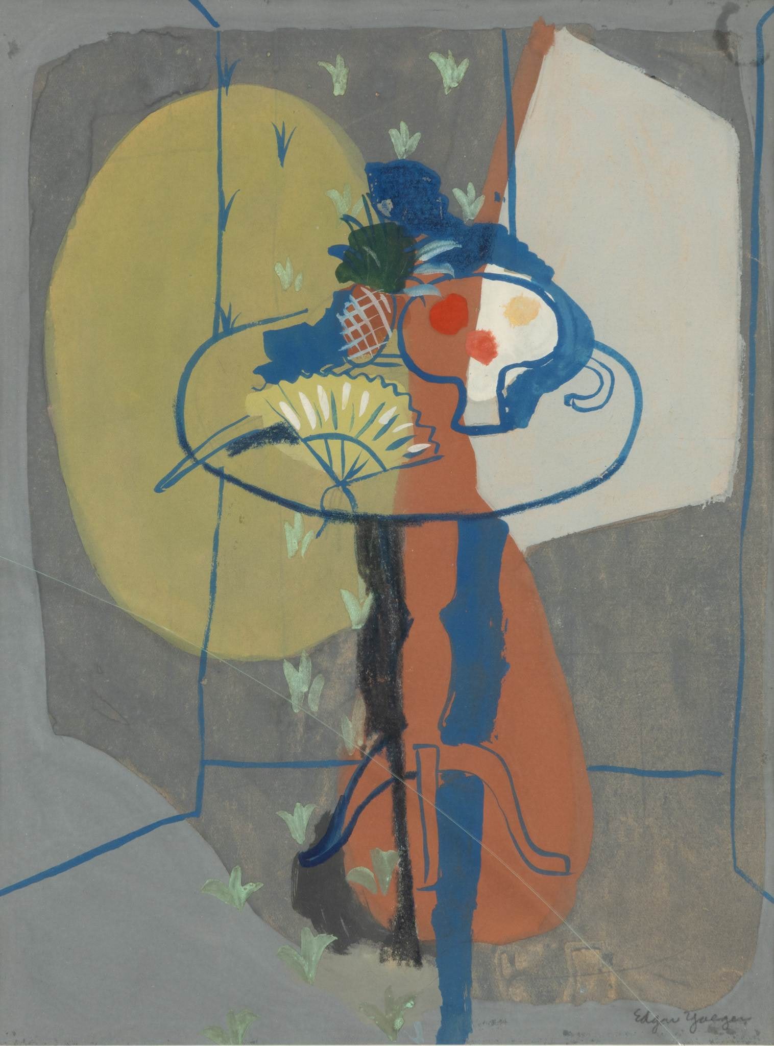 Edgar Louis Yaegar (American/Detroit, 1904-1997) Gouache and Pencil on Paper, Ca. 1940s,: Edgar Louis Yaegar (American/Detroit, 1904-1997) Gouache and Pencil on Paper, Ca. 1940s, 'Surrealistic Still-life', H 11" W 8" Pencil signed lower right. Still life with objects on a tea table. Matted