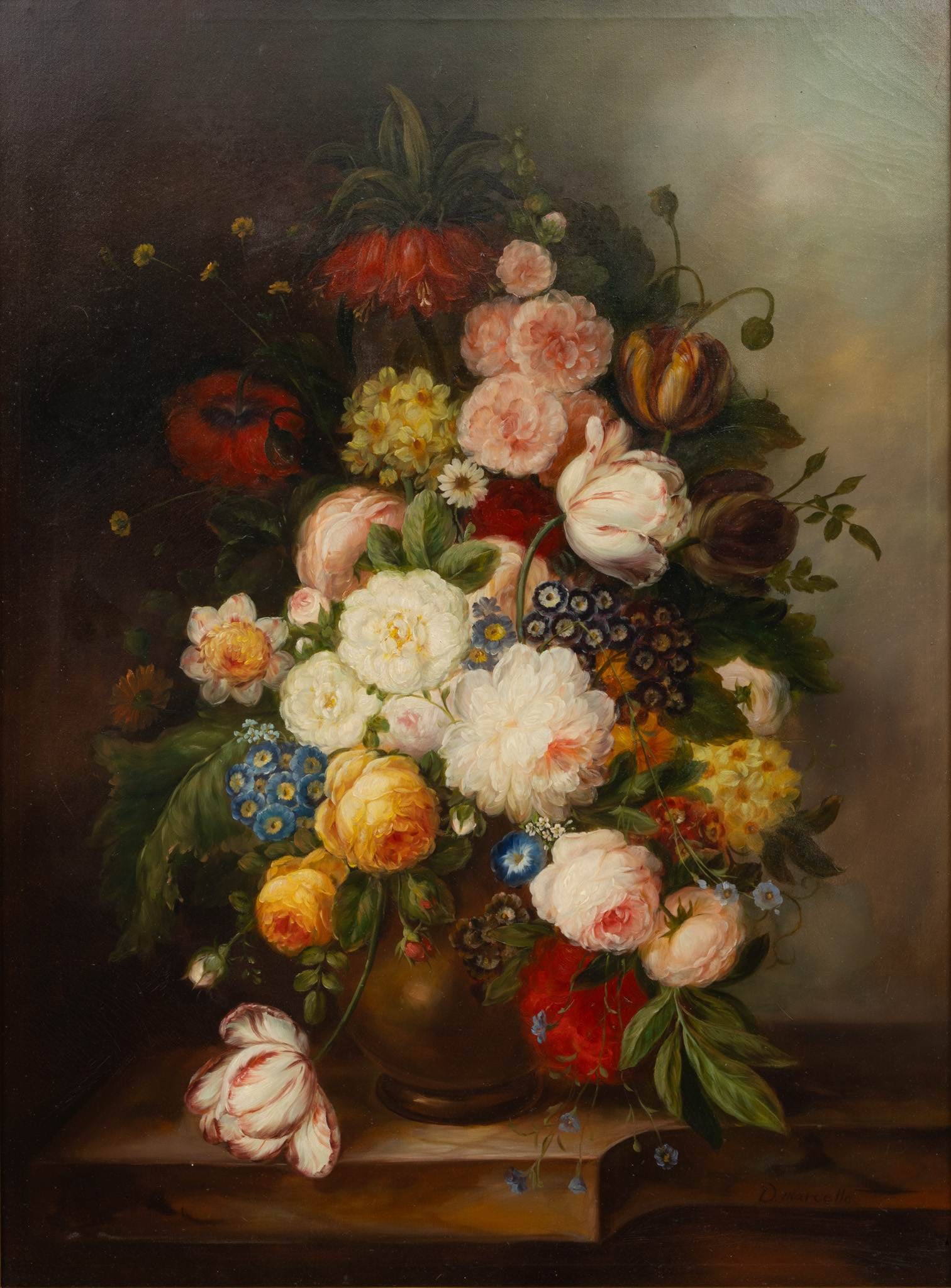 D. Marcello (20th C.) Oil on Canvas, Dutch Golden Age Style Still Life of Flowers in a Vase, Ca.: D. Marcello (20th C.) Oil on Canvas, Dutch Golden Age Style Still Life of Flowers in a Vase, Ca. 1970-80, H 40" W 30" Signed D. Marcello lower right. Nicely detailed floral still life the Dutch manner