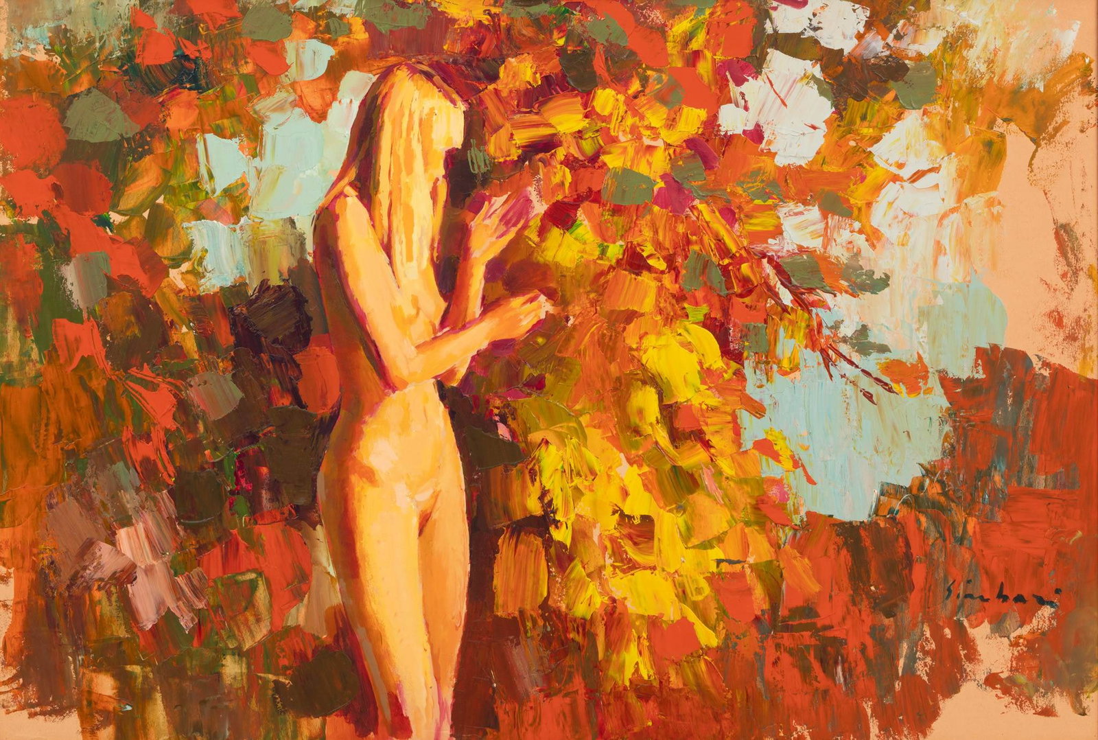 Nicole Simbari (Italian, 1927-2012) Oil on Canvas, 'Nude', H 28" W 39": Nicole Simbari (Italian, 1927-2012) Oil on Canvas, 'Nude', H 28" W 39" Signed lower right. Standing female nude in a flower garden setting. Having a giltwood frame. Provenance: Property from a T