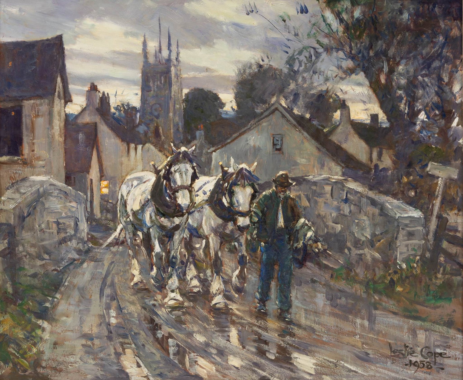 Leslie Cope (English-American, 1913-2002) Oil on Masonite, 1958, 'Plough Horses on a Stone Bridge, (1 of 7)