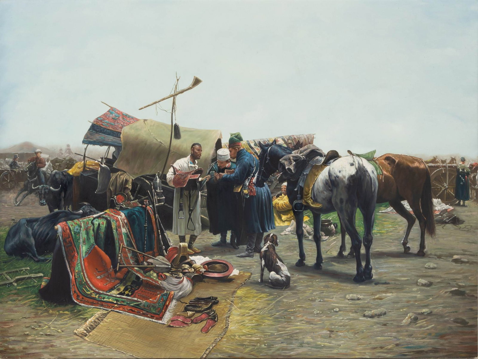 After Józef Brandt (Polish, 1841-1915) Oil on Canvas, 20th C., 'Fair in Balta, Podolia Region',: After Józef Brandt (Polish, 1841-1915) Oil on Canvas, 20th C., 'Fair in Balta, Podolia Region', H 36" W 48" A fine work after the original located in the National Museum, Warsaw. Unsigned. Depict
