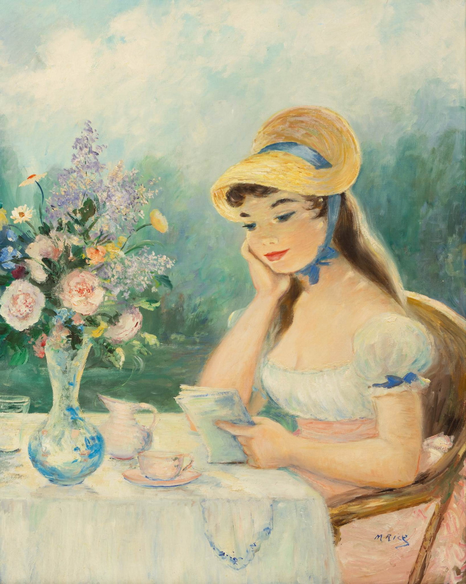 Margaret (Marion) Rice , B. 1903 Oil on Canvas 1960, 'Young Woman Seated with Flowers', H 30" W 24" (1 of 5)