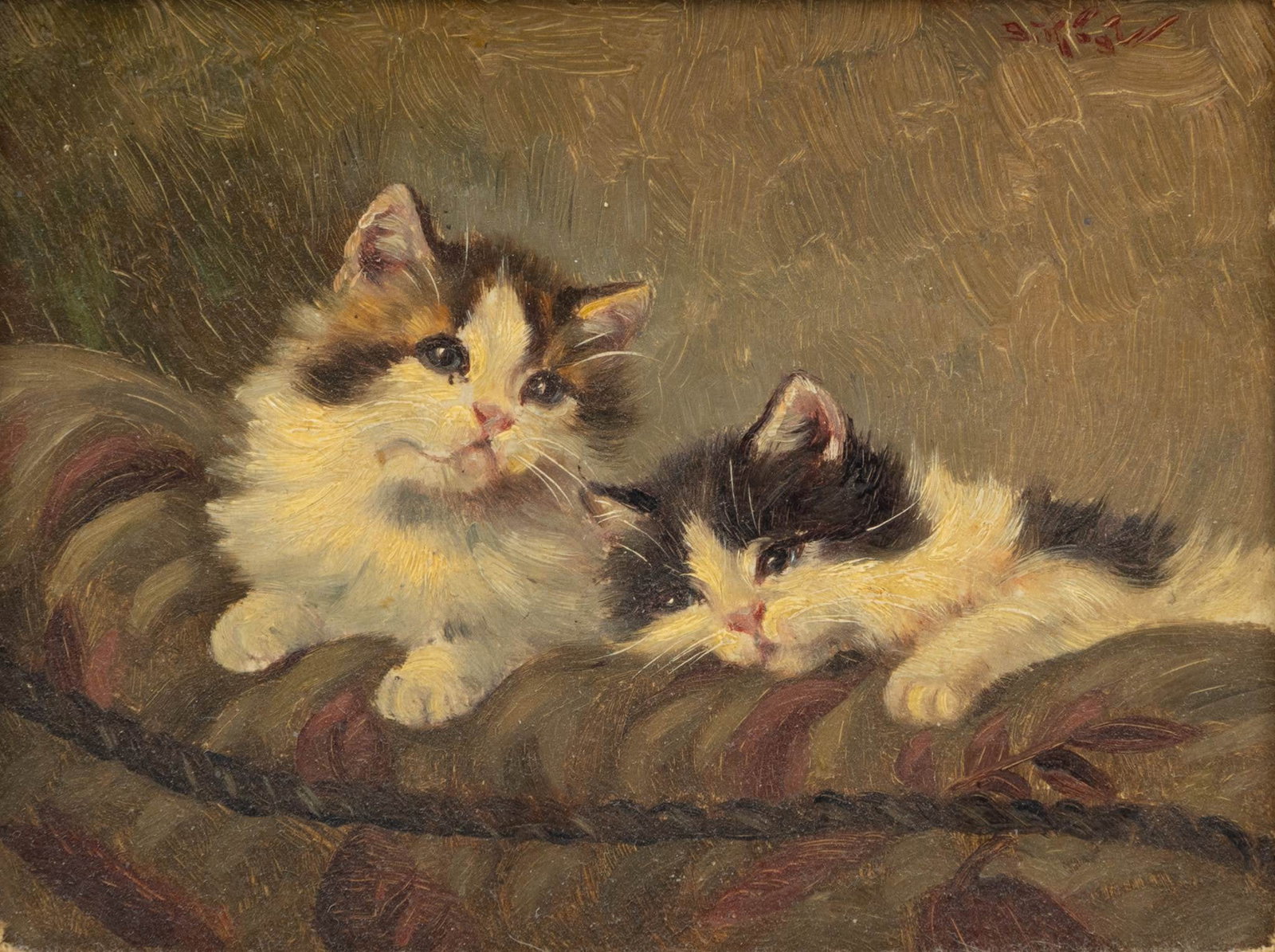 Benedikt "Benno" Kögl (German, 1892-1973) Oil on Board, 'Kittens on a Pillow', H 4" W 5" 1 PC: Benedikt "Benno" Kögl (German, 1892-1973) Oil on Board, 'Kittens on a Pillow', H 4" W 5" 1 PC Signed upper right. Depicting two kitten lounging on a pillow. Having a patinated wood frame. Provena