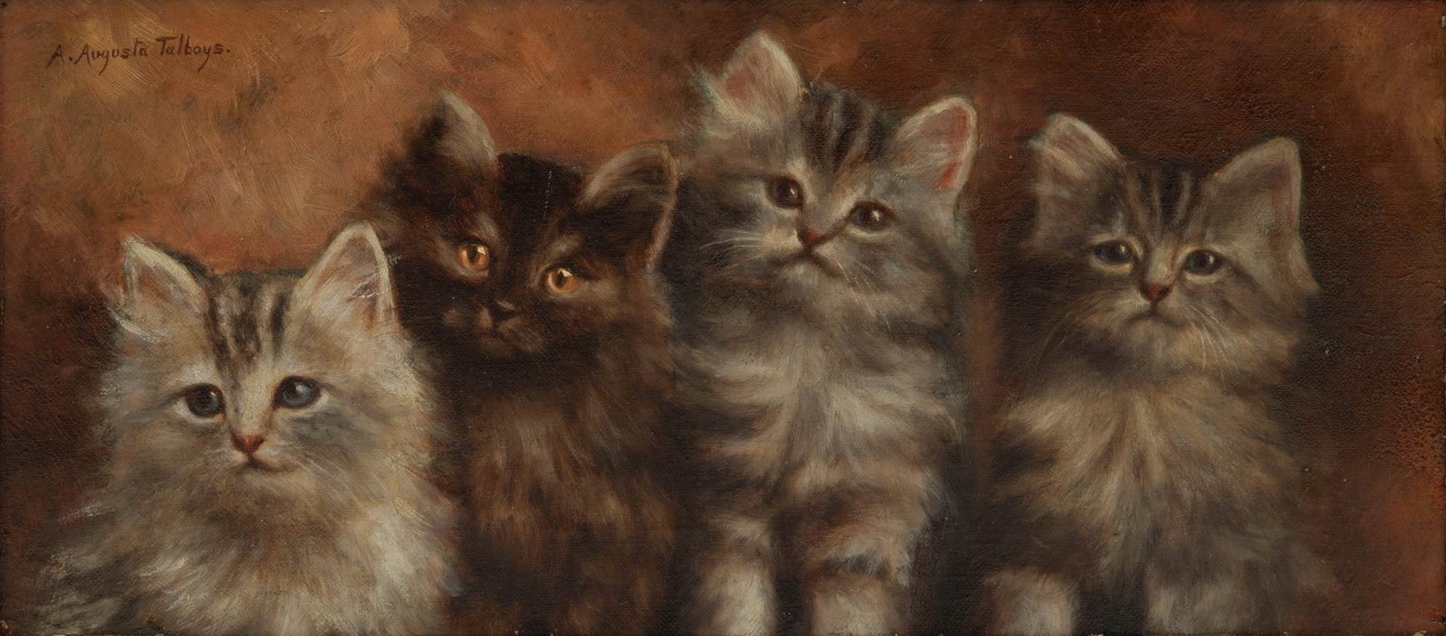 Agnes Augusta Talboys (British, 1863-1941) Oil on Canvas, 'Four Kittens', H 8" W 15": Agnes Augusta Talboys (British, 1863-1941) Oil on Canvas, 'Four Kittens', H 8" W 15" Signed upper left. Depicting four small kittens. Having a patinated carved wood frame. Provenance: Property f