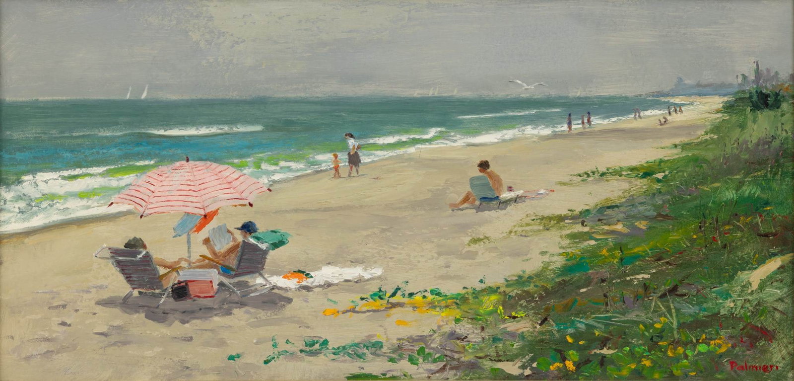 Frank Palmieri (American, NYC, 1922-2017) Oil on Board, 'Beach Scene', H 12" W 24" 1 PC (1 of 6)