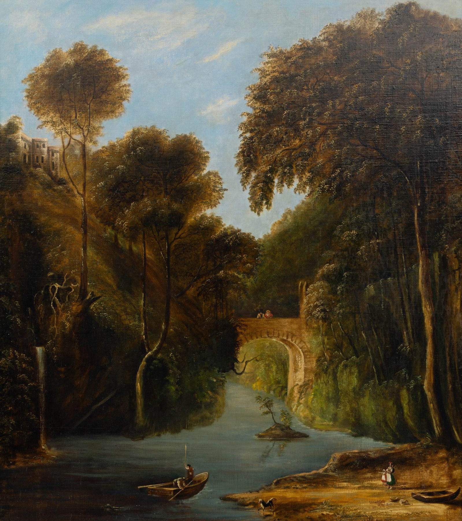 Vicat Cole (English, 1833-1893) Oil on Canvas, 1857, 'Barskimming on the Ayr', H 46" W 39": Vicat Cole (English, 1833-1893) Oil on Canvas, 1857, 'Barskimming on the Ayr', H 46" W 39" Signed lower right and dated 1857. After David Octavius Hill (Scottish, 1802-1870). A view of the River Ayr w