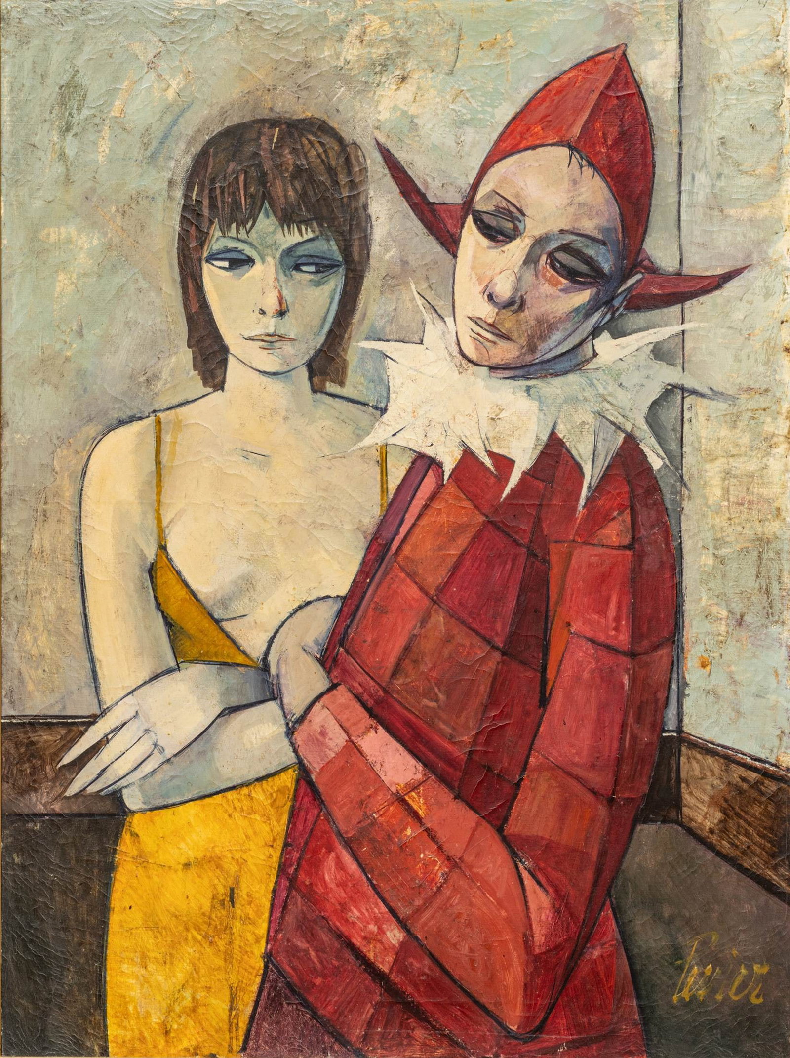 Charles Levier (French, 1920-2003) 'Saltimbanque Et Sa Femme', H 30.75" W 29.5": Charles Levier (French, 1920-2003) 'Saltimbanque Et Sa Femme', H 30.75" W 29.5" Signed lower right. Framed. Findlay Galleries label to the verso. In English, "Acrobat and His Wife." This lot com
