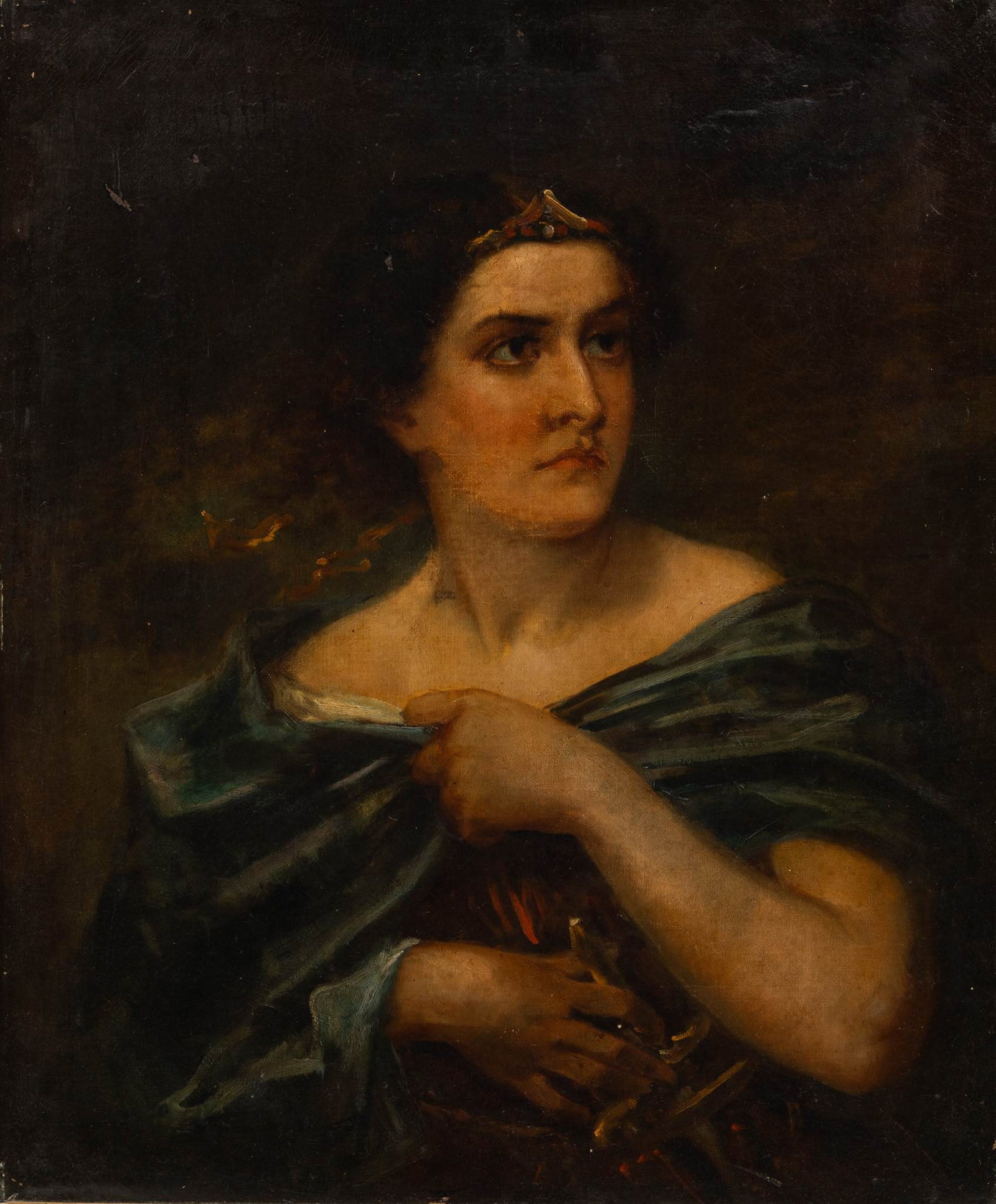 British Oil on Canvas, Ca. 19th C., 'Medea', H 30.5" W 24.75": British Oil on Canvas, Ca. 19th C., 'Medea', H 30.5" W 24.75" Unsigned. Half length portrait of a woman in costume as the mythological princess/sorceress of Colchis, Medea. Depicted wearing a diadem, 