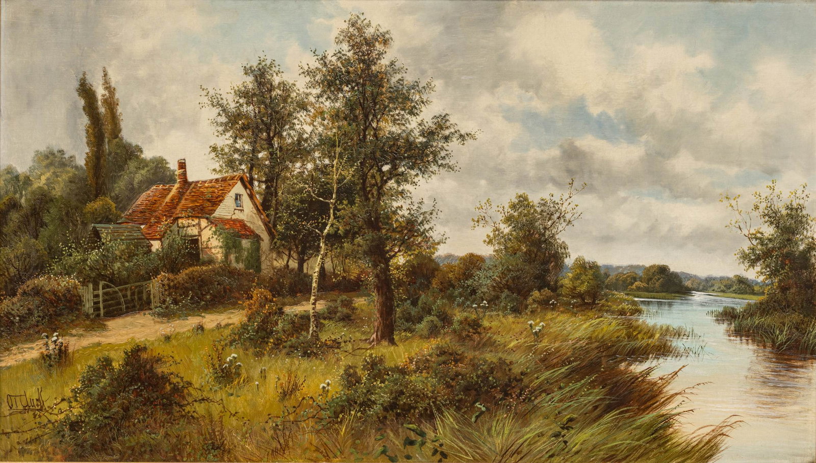 Octavius Thomas Clark (English, 1850-1921) Oil on Canvas, Ca. 1900-10, 'A Hampshire River', H 24" W: Octavius Thomas Clark (English, 1850-1921) Oil on Canvas, Ca. 1900-10, 'A Hampshire River', H 24" W 42" Signed lower left. Depicting a cottage at the side of a country lane, beside a meandering reed-l
