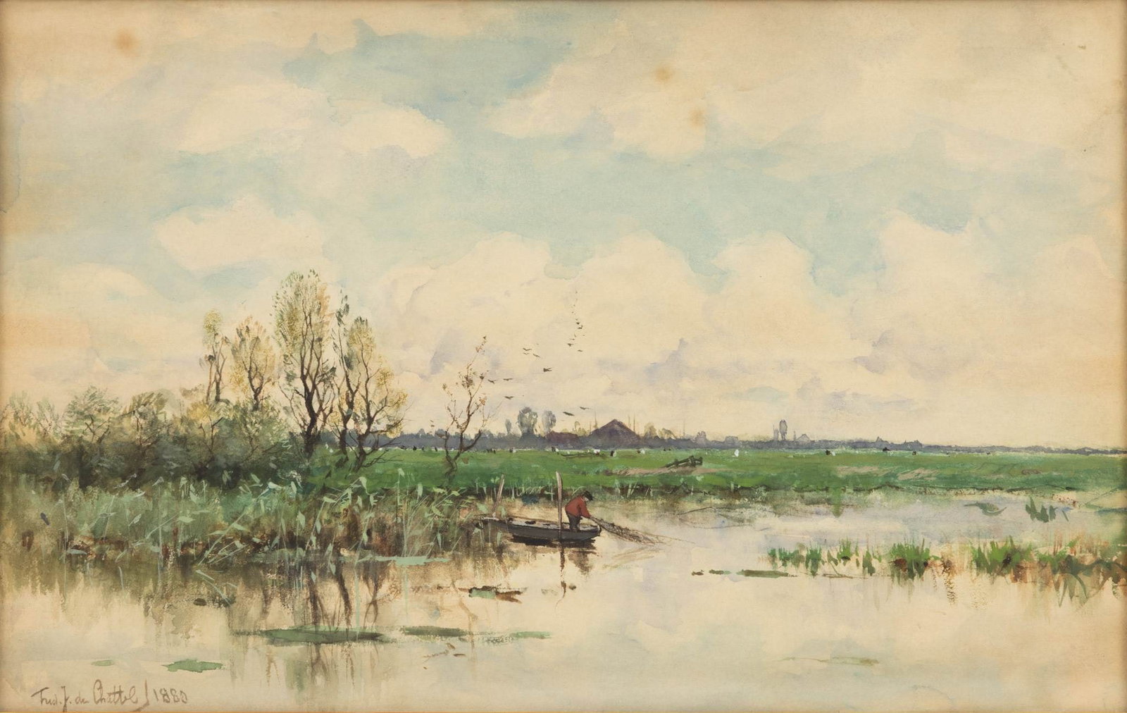 Frederik Jacobus Du Chattel (Dutch, 1856-1917) Watercolor on Paper, Ca. 1880, 'River Fishing Scene', (1 of 5)
