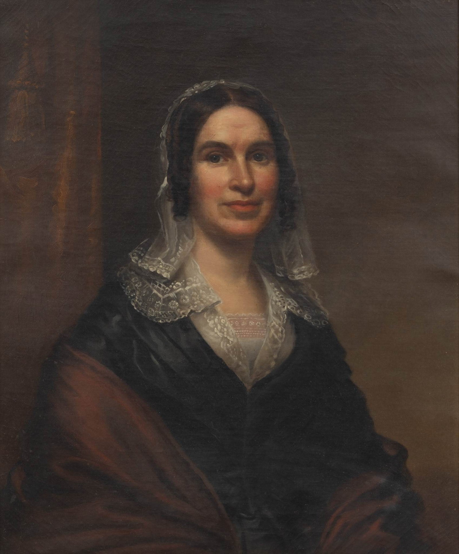 American Oil on Canvas, Portrait of an Affluent Woman, Ca. Mid 19th C., H 29" W 24" 1 PC: American Oil on Canvas, Portrait of an Affluent Woman, Ca. Mid 19th C., H 29" W 24" 1 PC Unsigned. Portrait of a young woman wearing a black silk gown, lace bertha collar and cap, with hair in ringlet