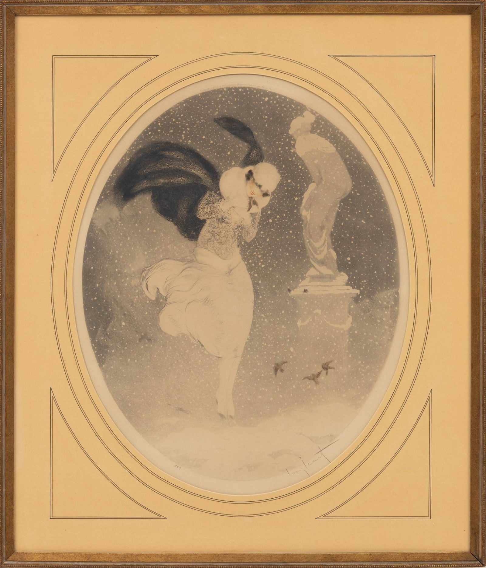Louis Icart (French, 1888-1950) Drypoint and Etching on Wove Paper 1925, 'Snowstorm', H 18.2" W: Louis Icart (French, 1888-1950) Drypoint and Etching on Wove Paper 1925, 'Snowstorm', H 18.2" W 15.2" Pencil signed lower right. Numbered in pencil lower left 149. Provenance: Purchased in 1929 at the