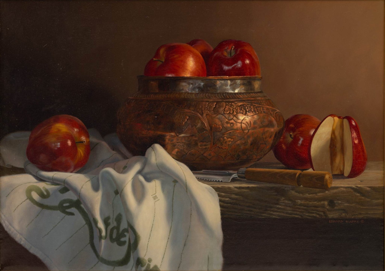 Edward Glafke (American, 1925-1977) Oil on Canvas 1984, 'Still Life', H 14" W 20.25": Edward Glafke (American, 1925-1977) Oil on Canvas 1984, 'Still Life', H 14" W 20.25" A still life depicting red apples in and around a repoussé copper bowl. Signed lower right. Provenance