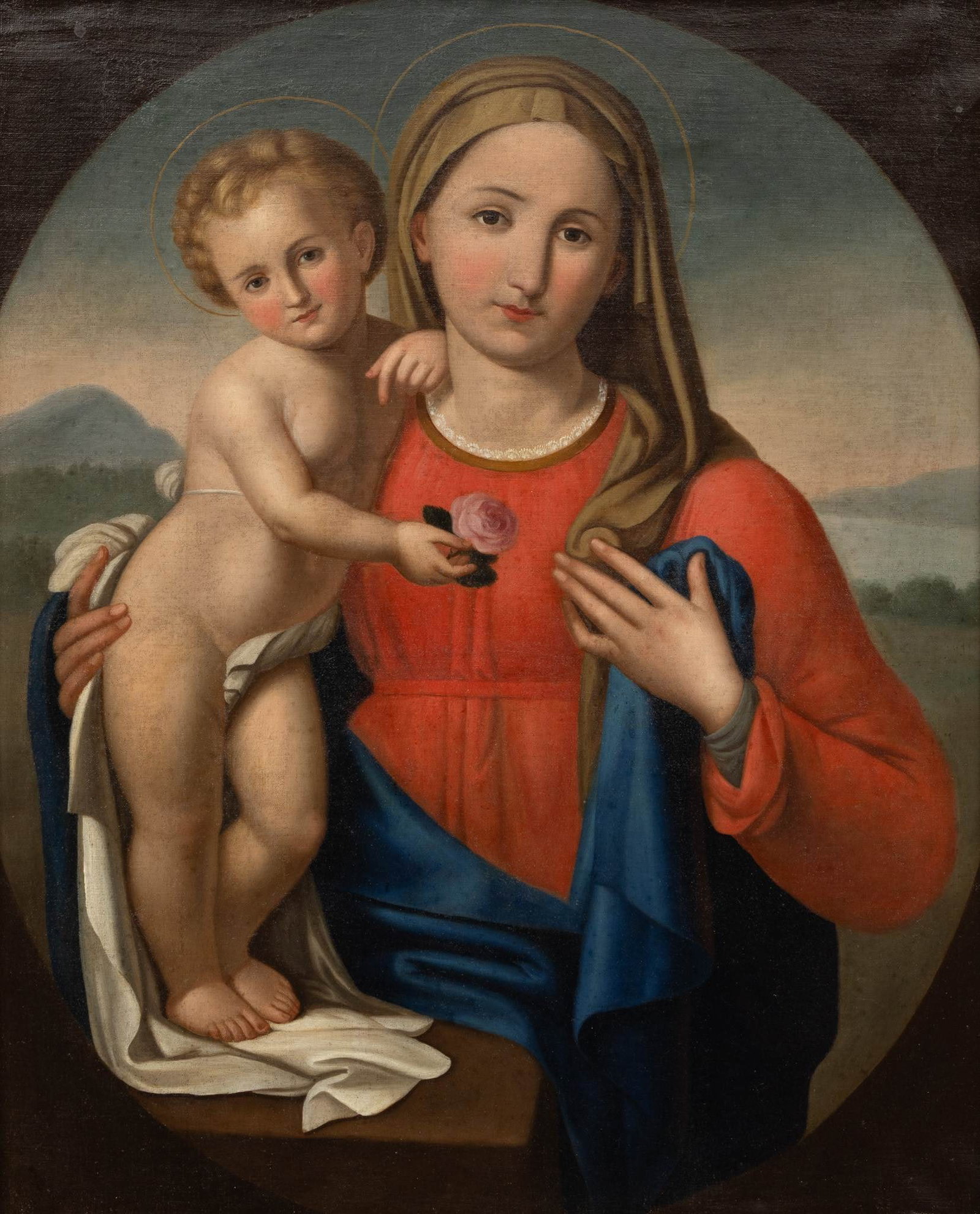 European Oil on Canvas, Ca. 19th C., 'Madonna and Child', H 29" W 23": European Oil on Canvas, Ca. 19th C., 'Madonna and Child', H 29" W 23" Unsigned. Depicting the Madonna and Child holding a pink rose. A landscape in the background within a feigned oval. Having a giltw
