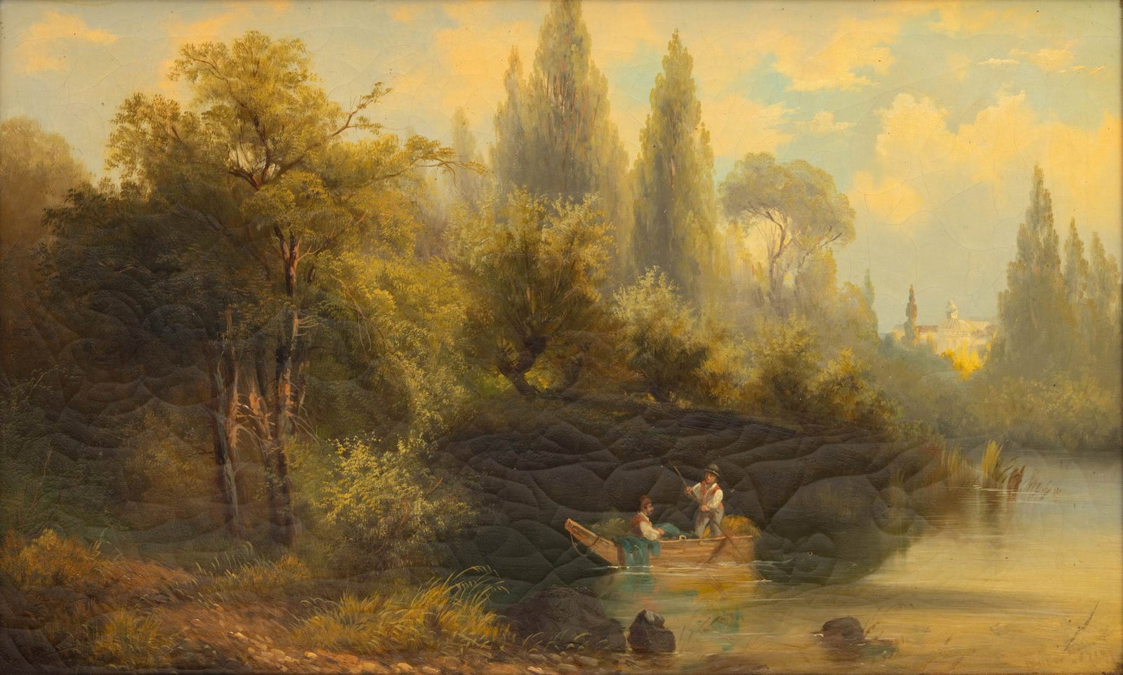 European Oil on Canvas, Late 19th/early 20th C., 'Net Fishing at Secluded River's Bend', H 16.5" W (1 of 5)