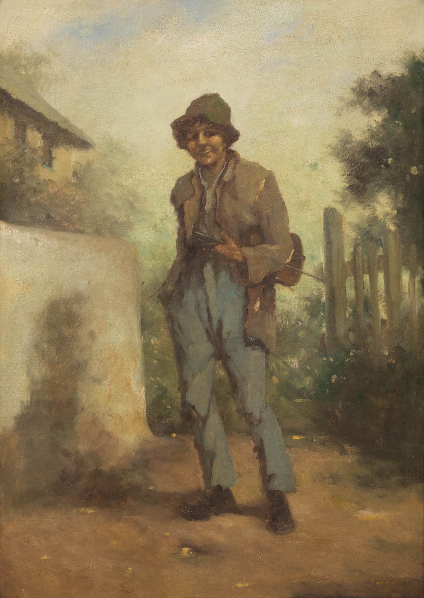 English School Oil on Canvas, 'Fiddler', H 28" W 20": English School Oil on Canvas, 'Fiddler', H 28" W 20" Illegibly signed lower right. Full length portrait of a gentleman holding a fiddle on a dirt road. Having a giltwood frame. Provenance: A Gro
