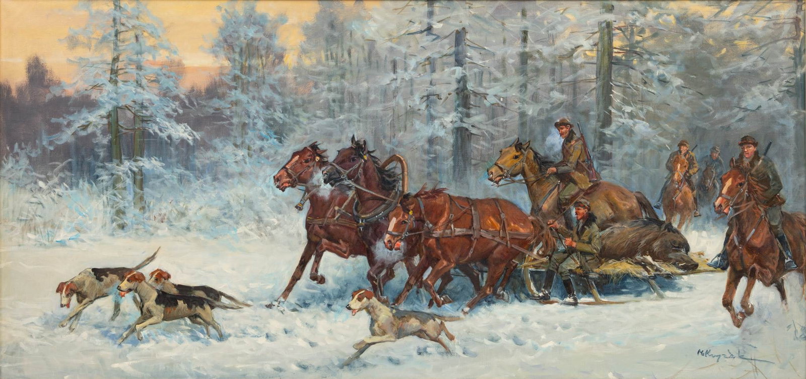 Mieczyslaw Krzyzak (Polish, 1914-1984) Oil on Canvas, Ca. 1950, 'Hunters Returning from Boar Hunt in (1 of 7)