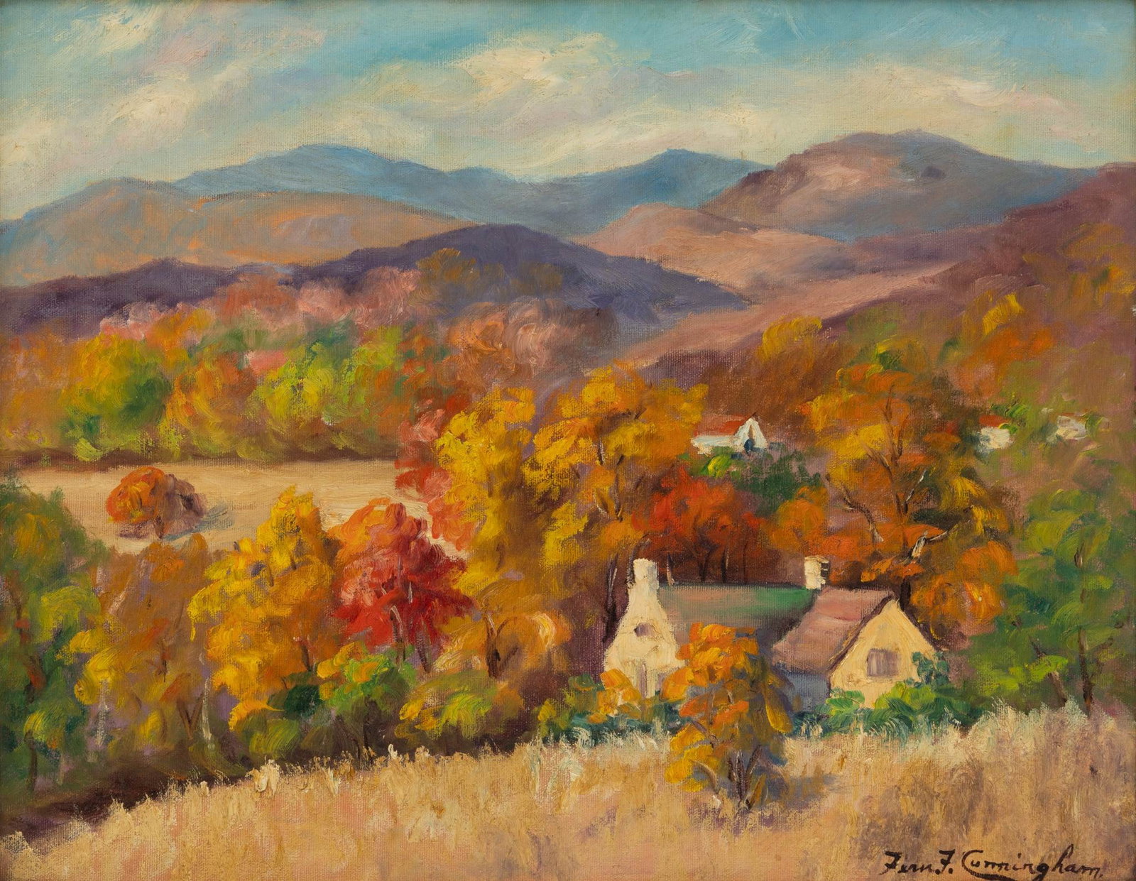 Fern Cunningham Stone (American, 1889-1975) Oil on Canvasboard, 'California Landscape', H 16" W 20": Fern Cunningham Stone (American, 1889-1975) Oil on Canvasboard, 'California Landscape', H 16" W 20" Signed lower right. Carved wood and gilt frame. Member: Toledo AA; Santa Monica AA; Pacific Pal