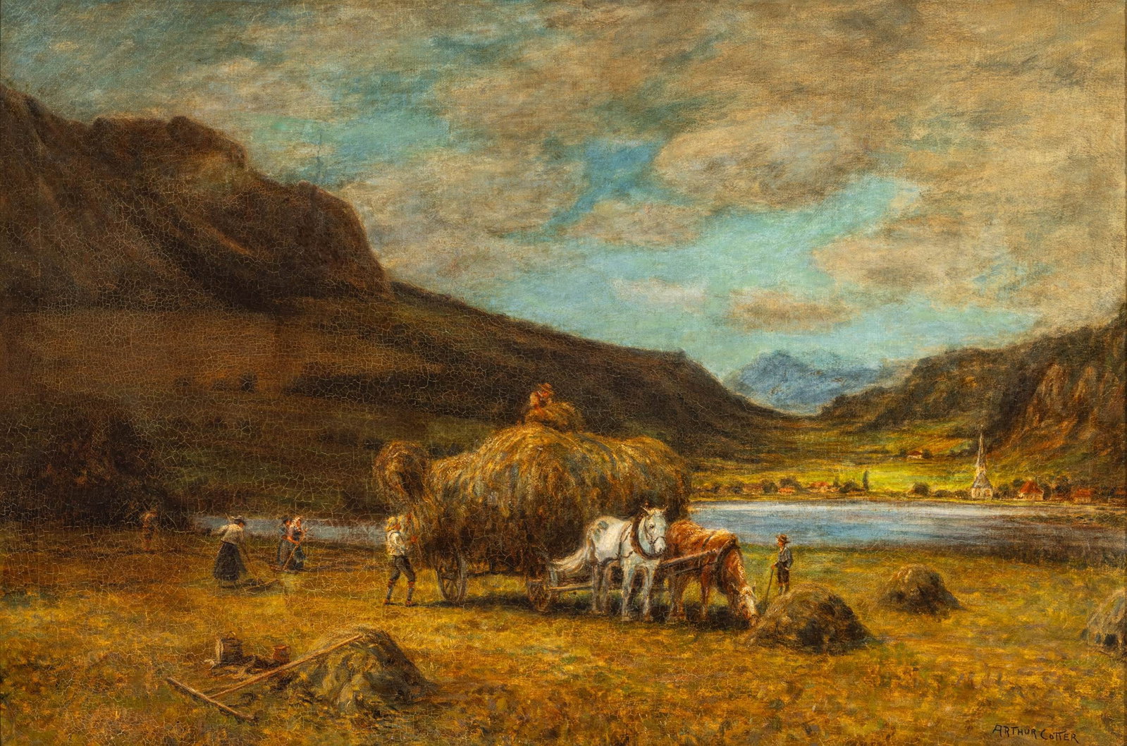 Arthur Cotter (British, 20th C.) Oil on Canvas, 'Haying Time', H 24" W 36" (1 of 13)