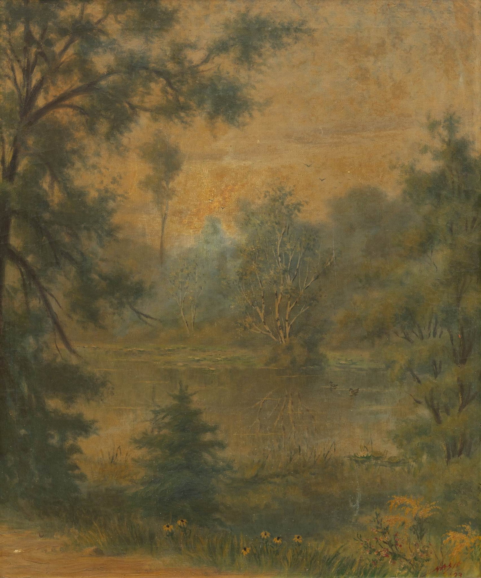 Willard Ayer Nash (American, 1898-1943) Oil on Canvas, 1933, 'Wetlands Landscape', H 24.25" W 20.25": Willard Ayer Nash (American, 1898-1943) Oil on Canvas, 1933, 'Wetlands Landscape', H 24.25" W 20.25" Signed and dated lower right. Depicting a pond lined with lily pads with waterfowl plying the water
