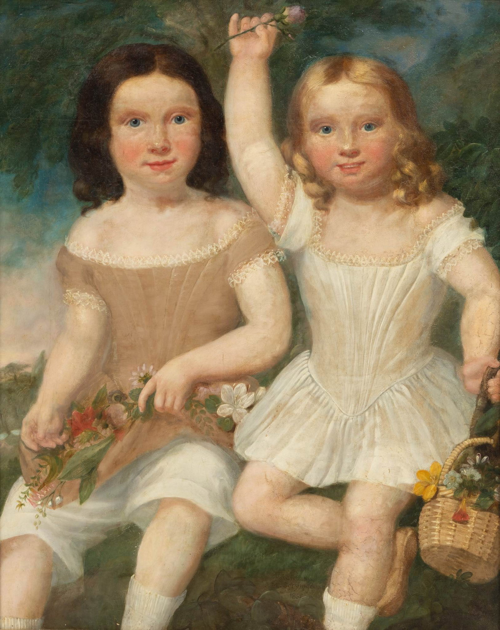 James Montgomery Scrymgeour (Scottish, 1793-1856) Oil on Canvas, 1852, 'Portrait of Two Perthshire: James Montgomery Scrymgeour (Scottish, 1793-1856) Oil on Canvas, 1852, 'Portrait of Two Perthshire Siblings', H 30" W 25" Signed and dated lower center. Depicting two blue-eyed siblings in an idyllic 