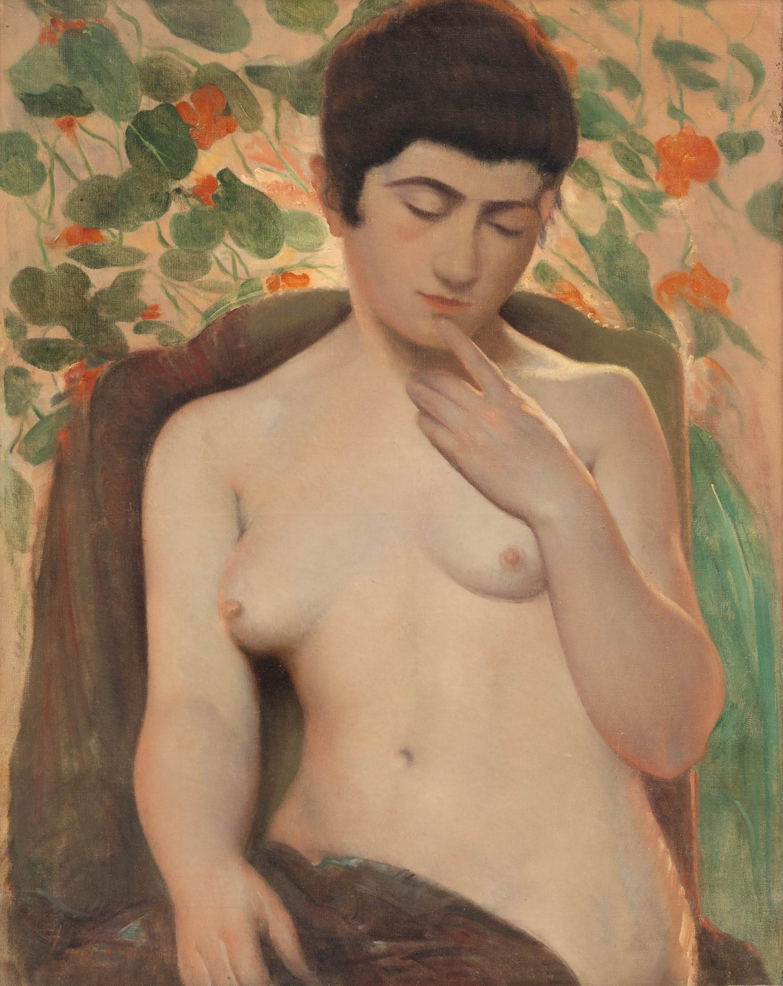 Henri Moreau (Belgian, 1869-1943) Oil on Canvas, 1917, 'Pensive Female Nude', H 25.75" W 20": Henri Moreau (Belgian, 1869-1943) Oil on Canvas, 1917, 'Pensive Female Nude', H 25.75" W 20" Signed and dated lower left. Semi-nude female figure, lost in thought in a blossoming garden setting. Havin