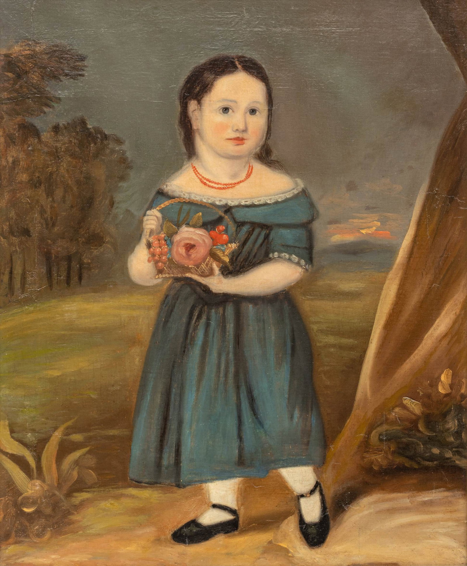 English School Oil on Canvas, Ca. Mid 19th C., 'Portrait of a Young Girl', H 29" W 24" (1 of 9)