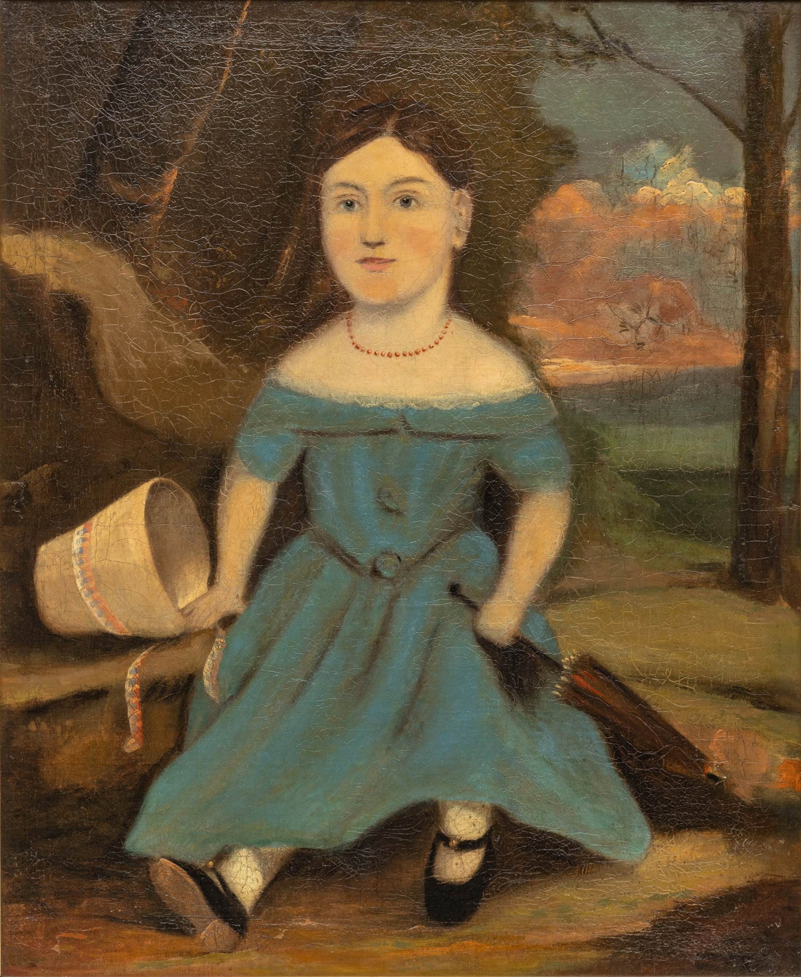 English School Oil on Canvas, Ca. 1843, 'Portrait of Ann Rhodes, Aged 4 Years', H 29" W 24": English School Oil on Canvas, Ca. 1843, 'Portrait of Ann Rhodes, Aged 4 Years', H 29" W 24" Unsigned. Inscription on the reline canvas verso is very likely copied from the verso of the original canvas