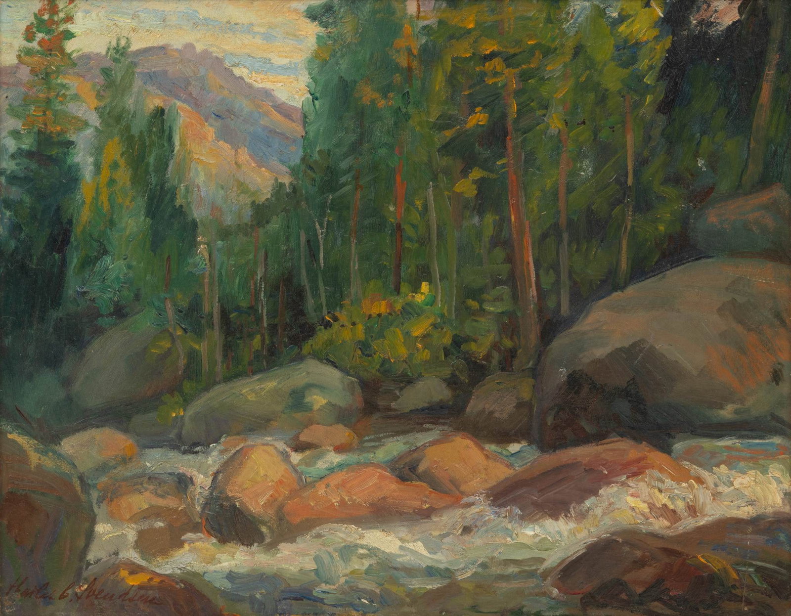 Charles C. Svendsen (American/Ohio, 1871-1959) Oil on Board, 'Big Thompson Canyon, Colorado', H: Charles C. Svendsen (American/Ohio, 1871-1959) Oil on Board, 'Big Thompson Canyon, Colorado', H 15.75" W 20" Signed lower left. A view of Big Thompson Canyon in the Colorado Rockies. Depicting river r