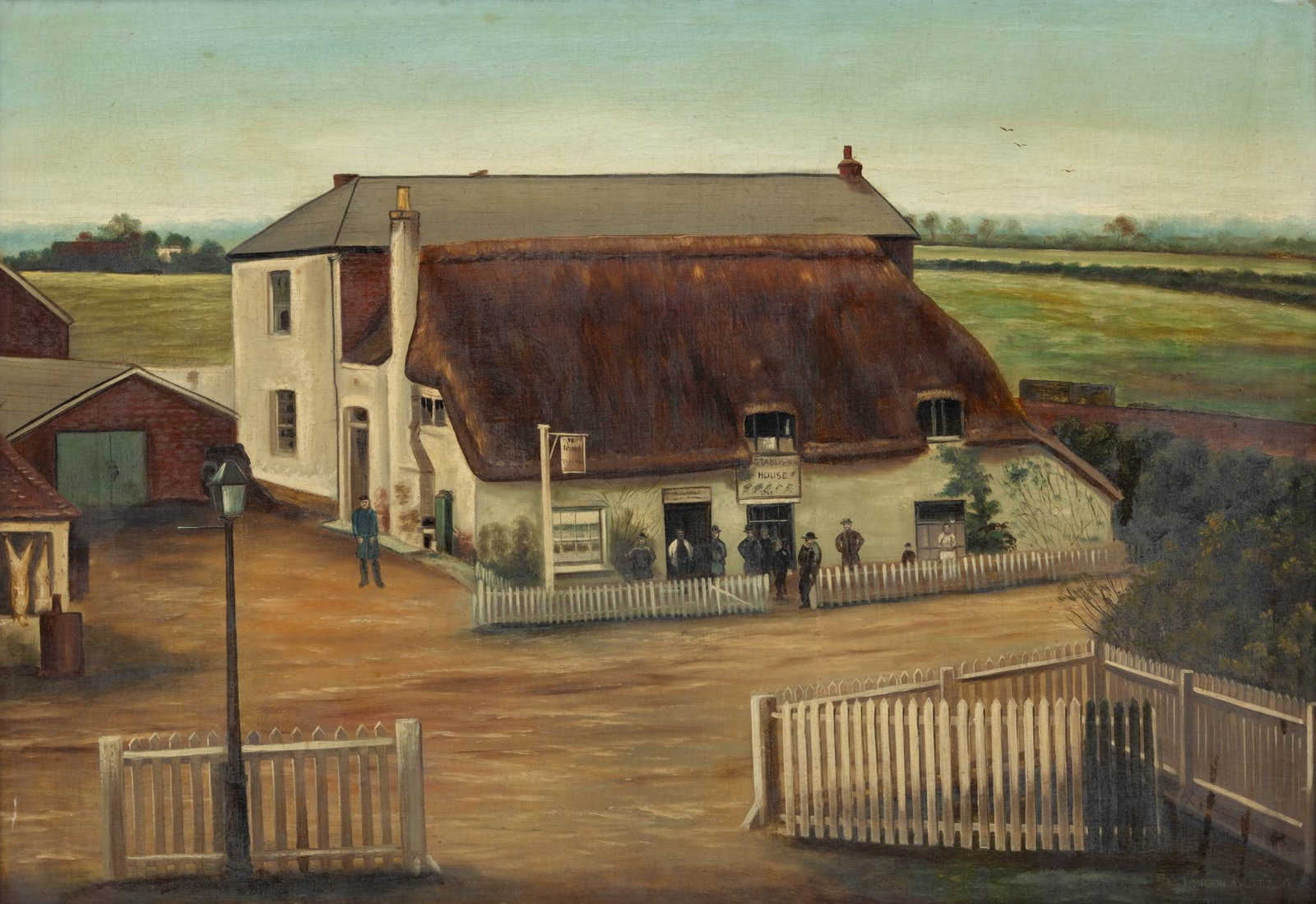 J. Gordon Aylott, Folk Art Oil on Canvas, Ca. 19th/early 20th C., 'Ye Home Tavern', H 23.5" W 33.5" (1 of 5)
