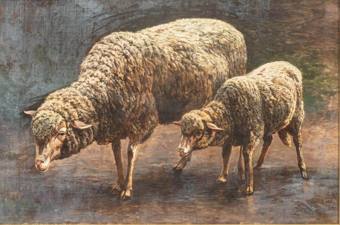 L. Rebecca Knox (American, 19th/20th C.) Oil on Canvas, Ca. Early 20th C., 'Ewe and Lamb', H 19" W (1 of 7)