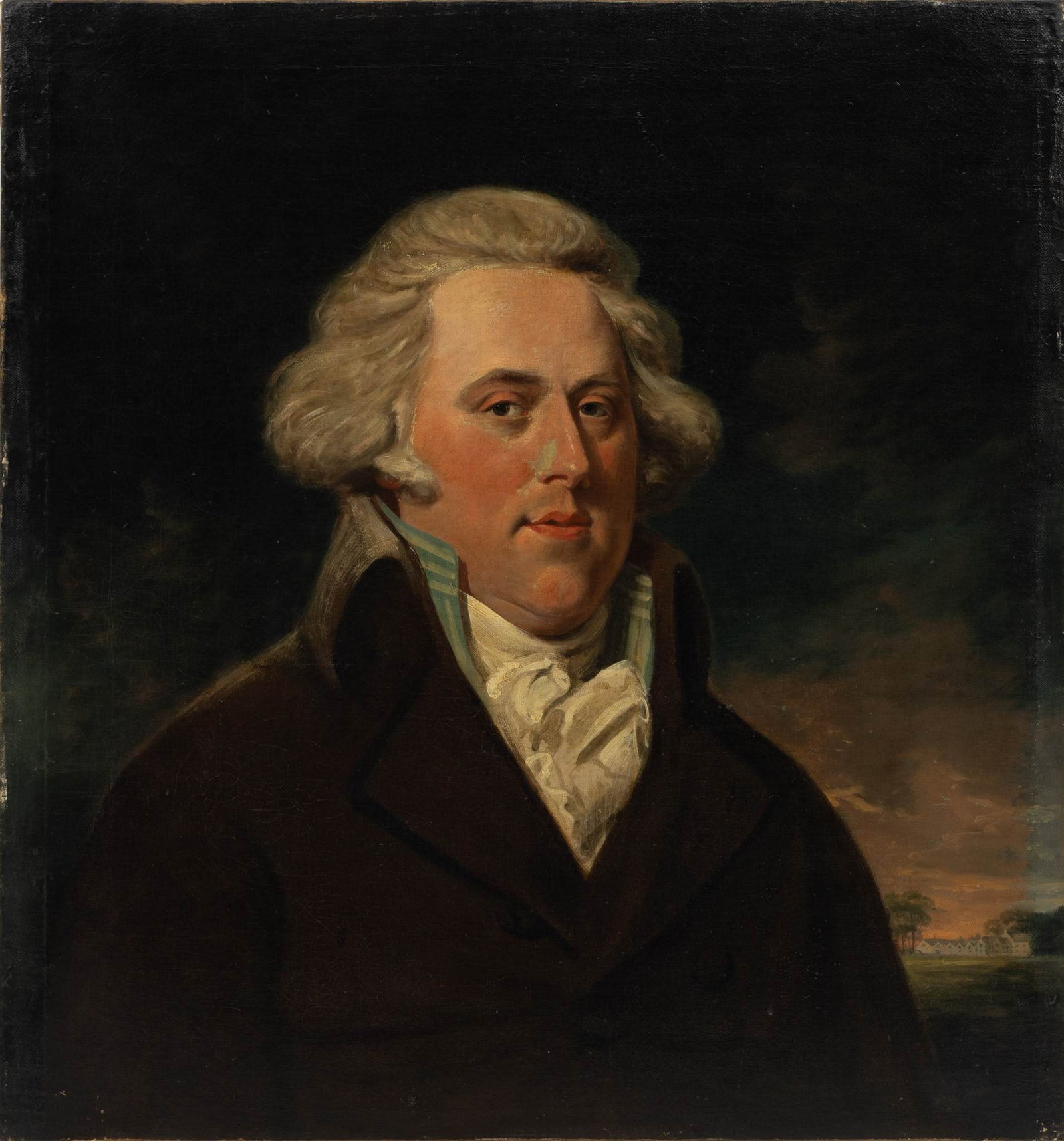 English School Oil on Canvas, 19th Century, 'Portrait of a Landed Gentleman', H 29" W 27": English School Oil on Canvas, 19th Century, 'Portrait of a Landed Gentleman', H 29" W 27" Unsigned. Portrait of a gentleman in a brown high collar overcoat and lace cravat. A stately manor in the back