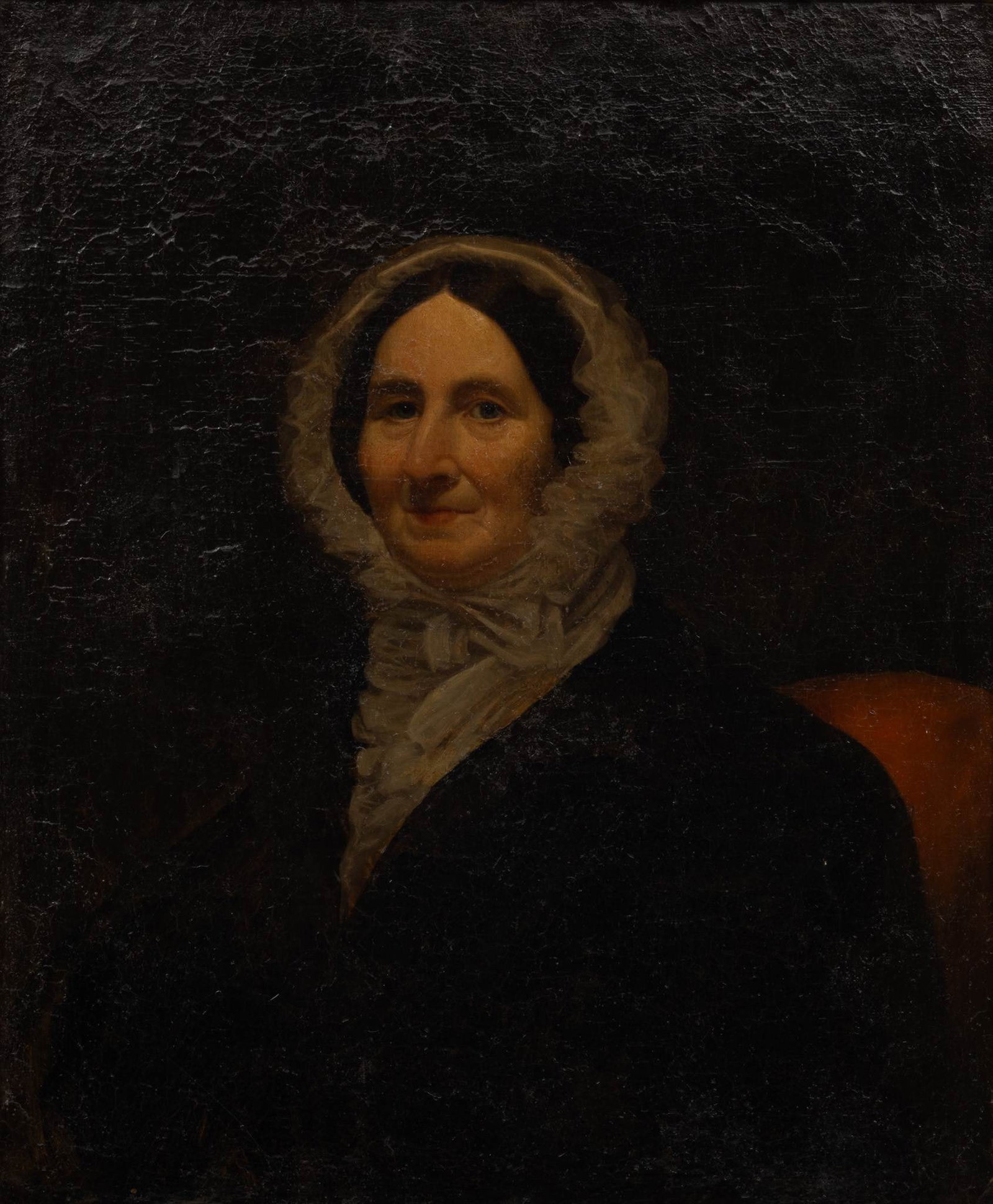 American Oil on Canvas, Ca. Mid 19th C., 'Portrait of Marcia Leigh', H 29.5" W 24.5": American Oil on Canvas, Ca. Mid 19th C., 'Portrait of Marcia Leigh', H 29.5" W 24.5" Unsigned. Half length portrait of a woman wearing a dark dress, lace collar and a gathered bonnet. Having a giltwoo